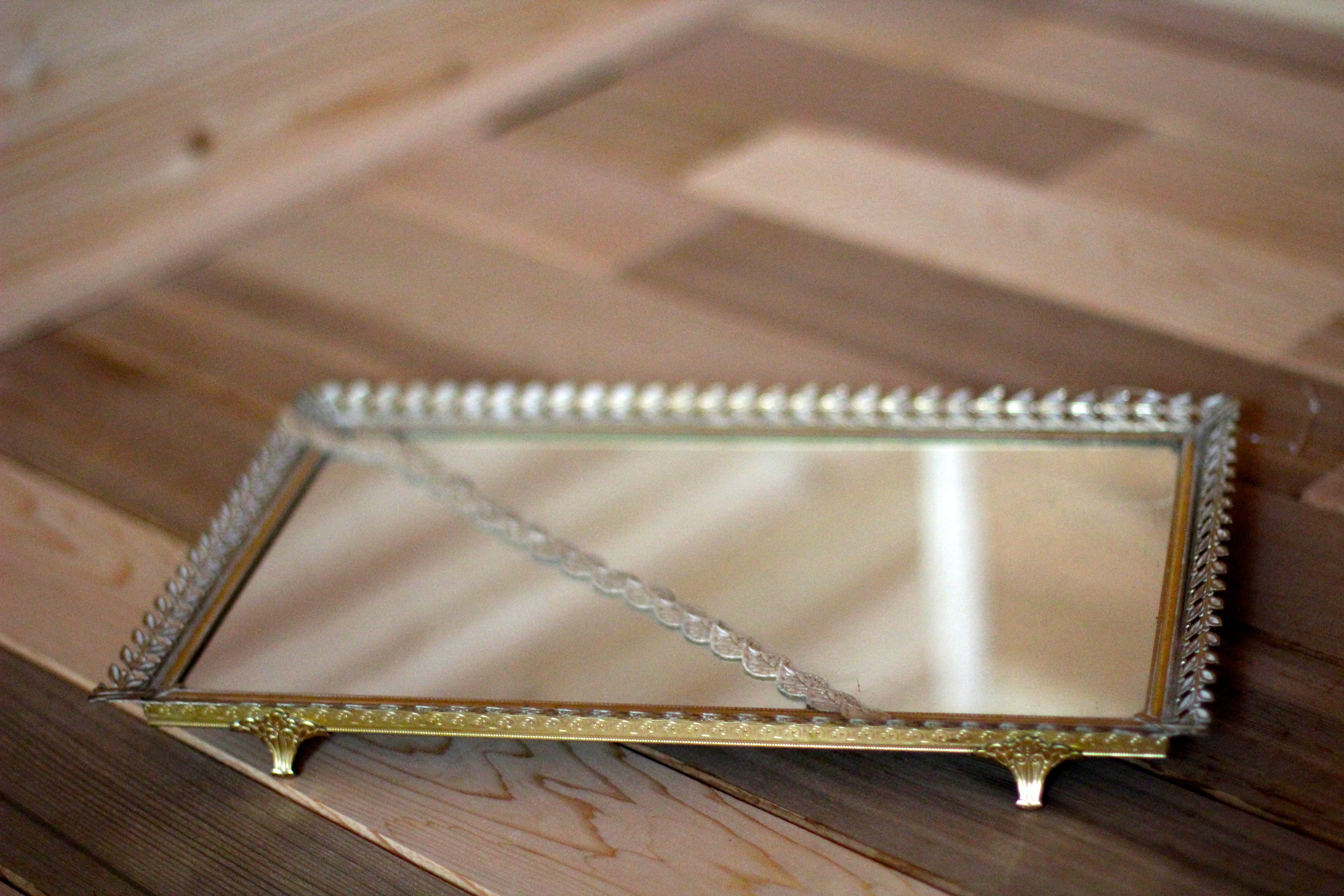 Rectangle Leaves Lace Antique Mirror Tray #119