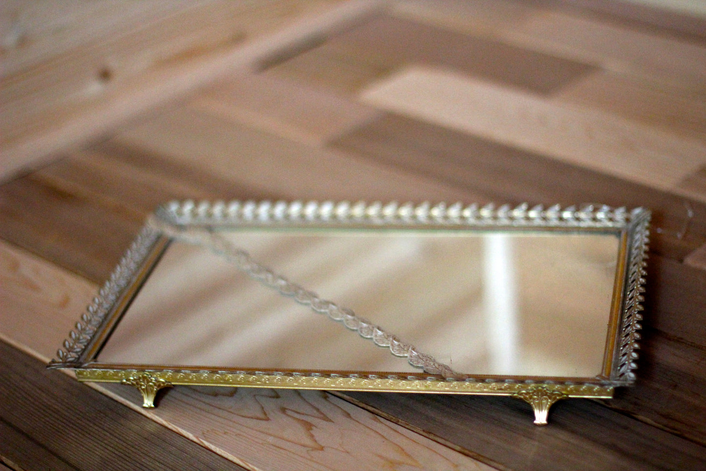 Rectangle Leaves Lace Antique Mirror Tray #119