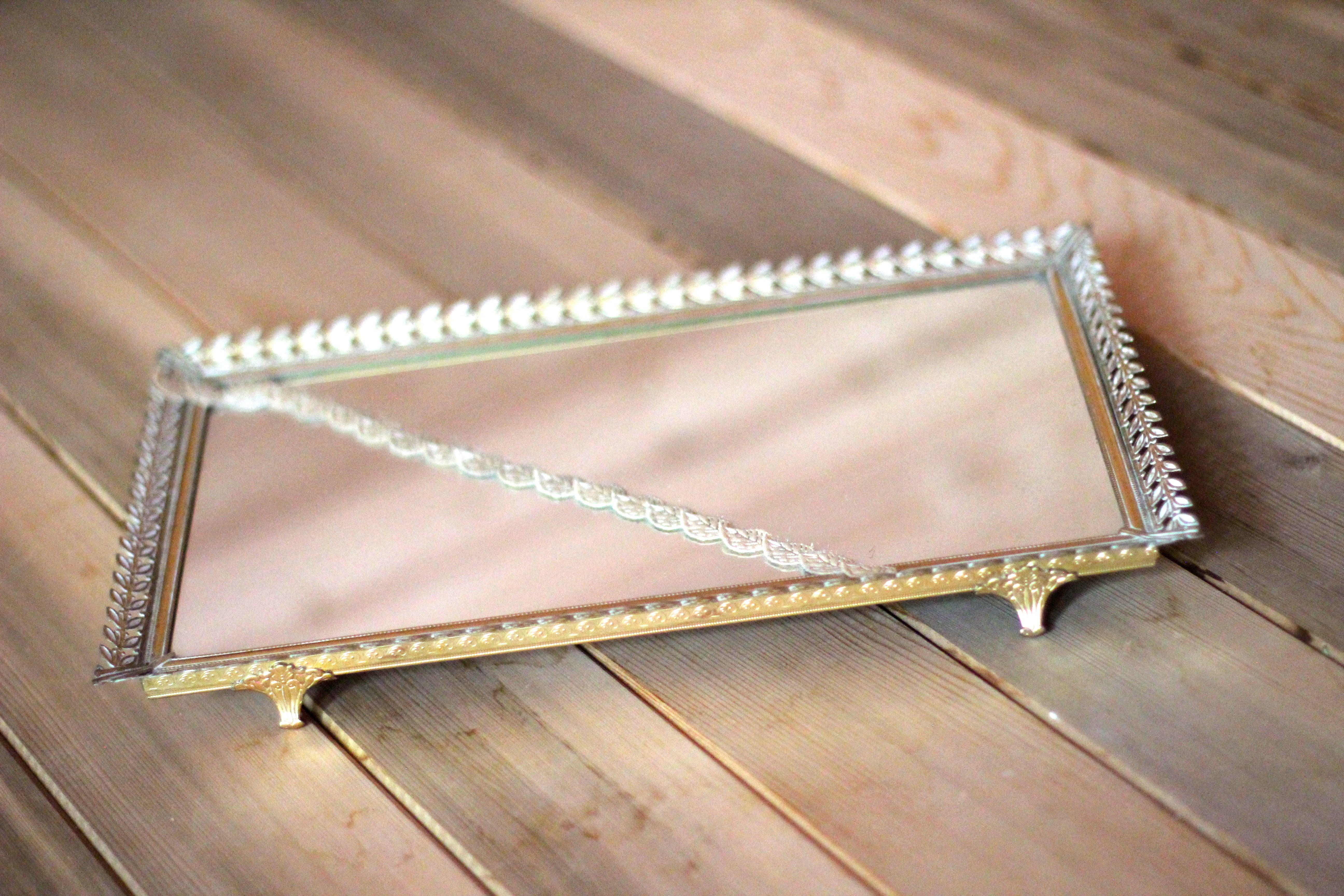 Rectangle Leaves Lace Antique Mirror Tray #119