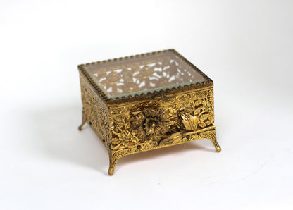 Antique Floral Rose Ormolu Bronze Filigree Jewelry Box No. 127