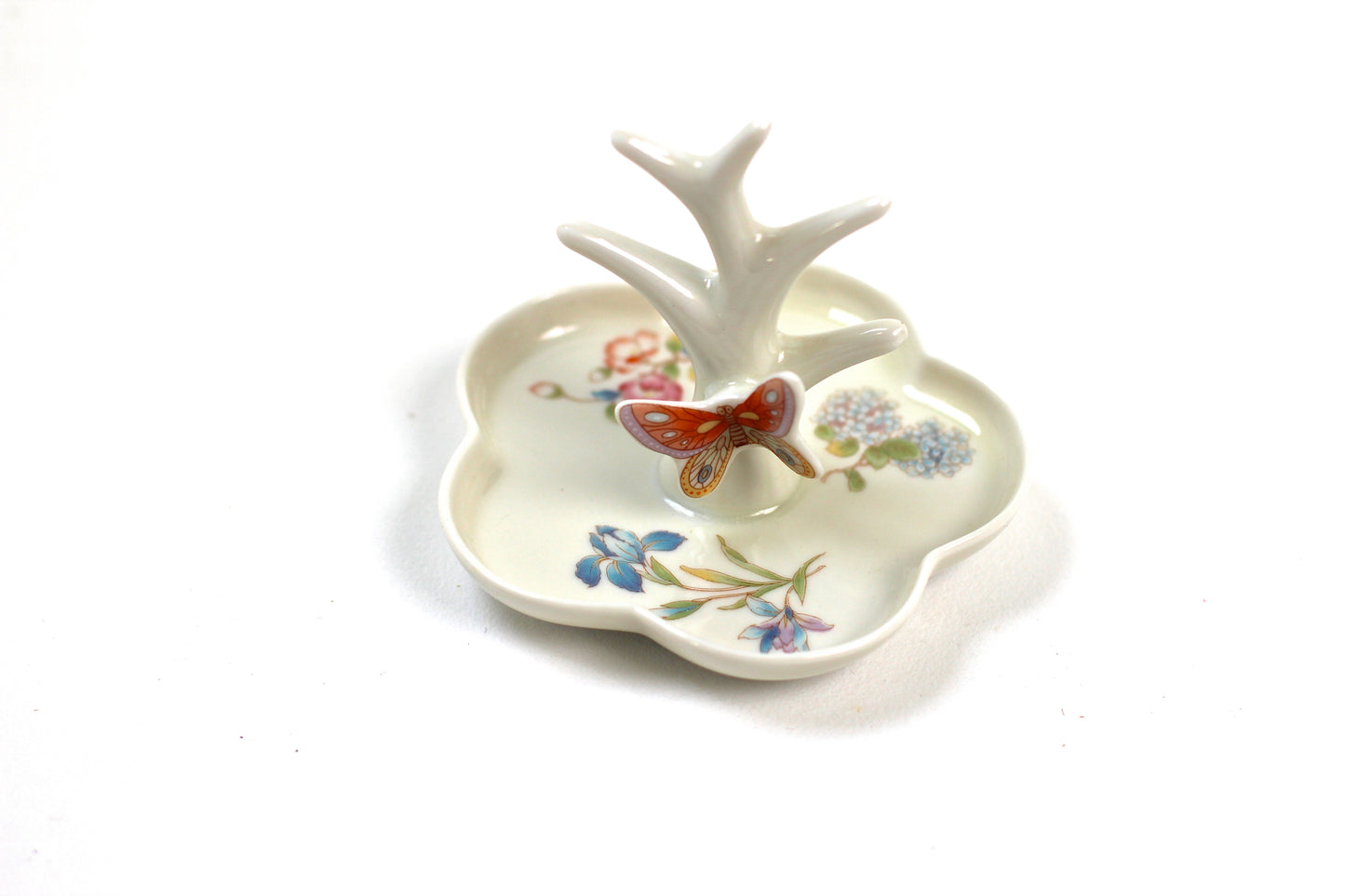 Antique Butterfly Flowers Porcelain Ring Holder
