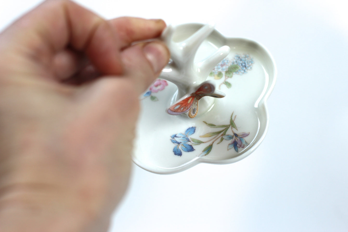 Antique Butterfly Flowers Porcelain Ring Holder