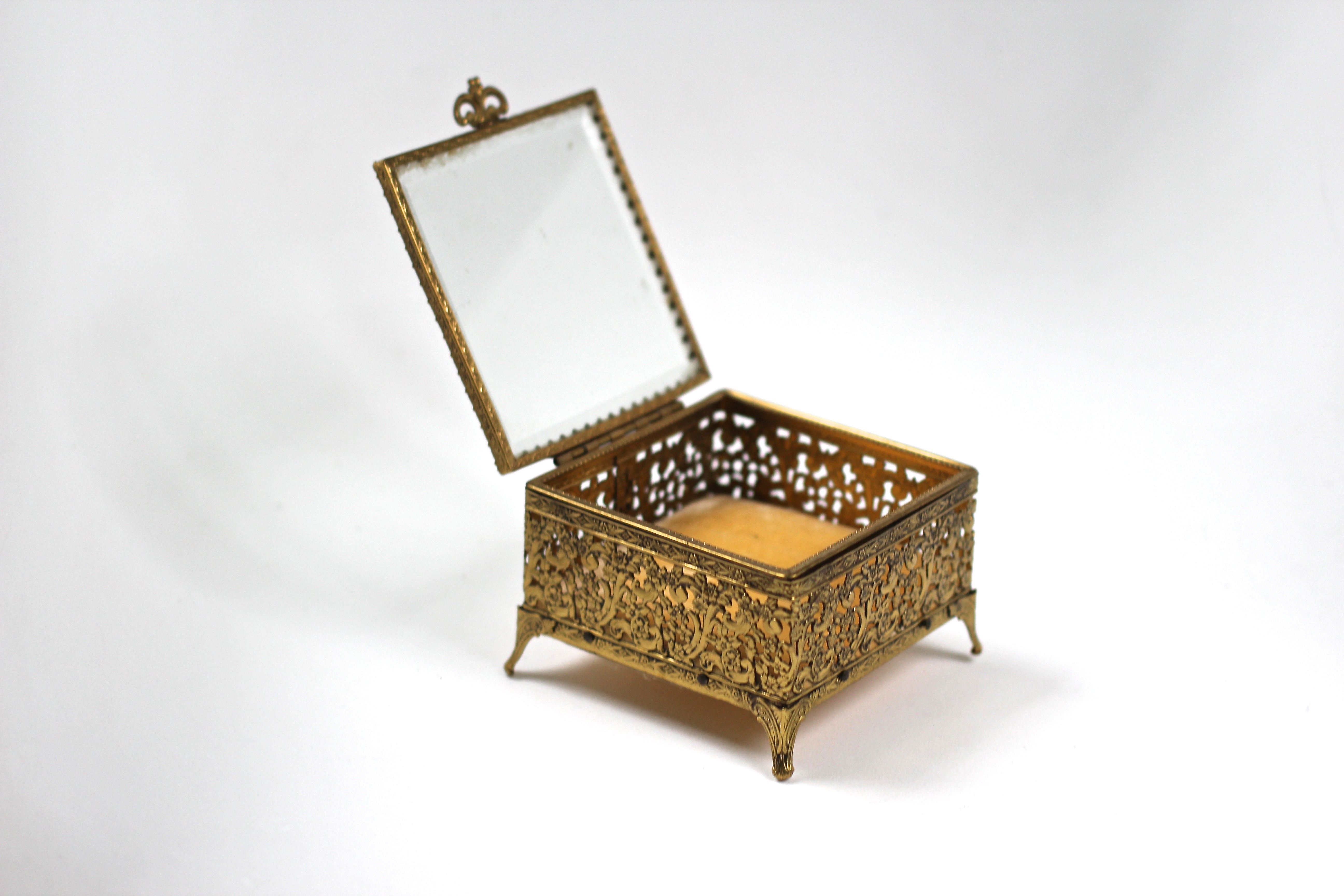 Antique Square Ormolu Filigree Jewelry Box