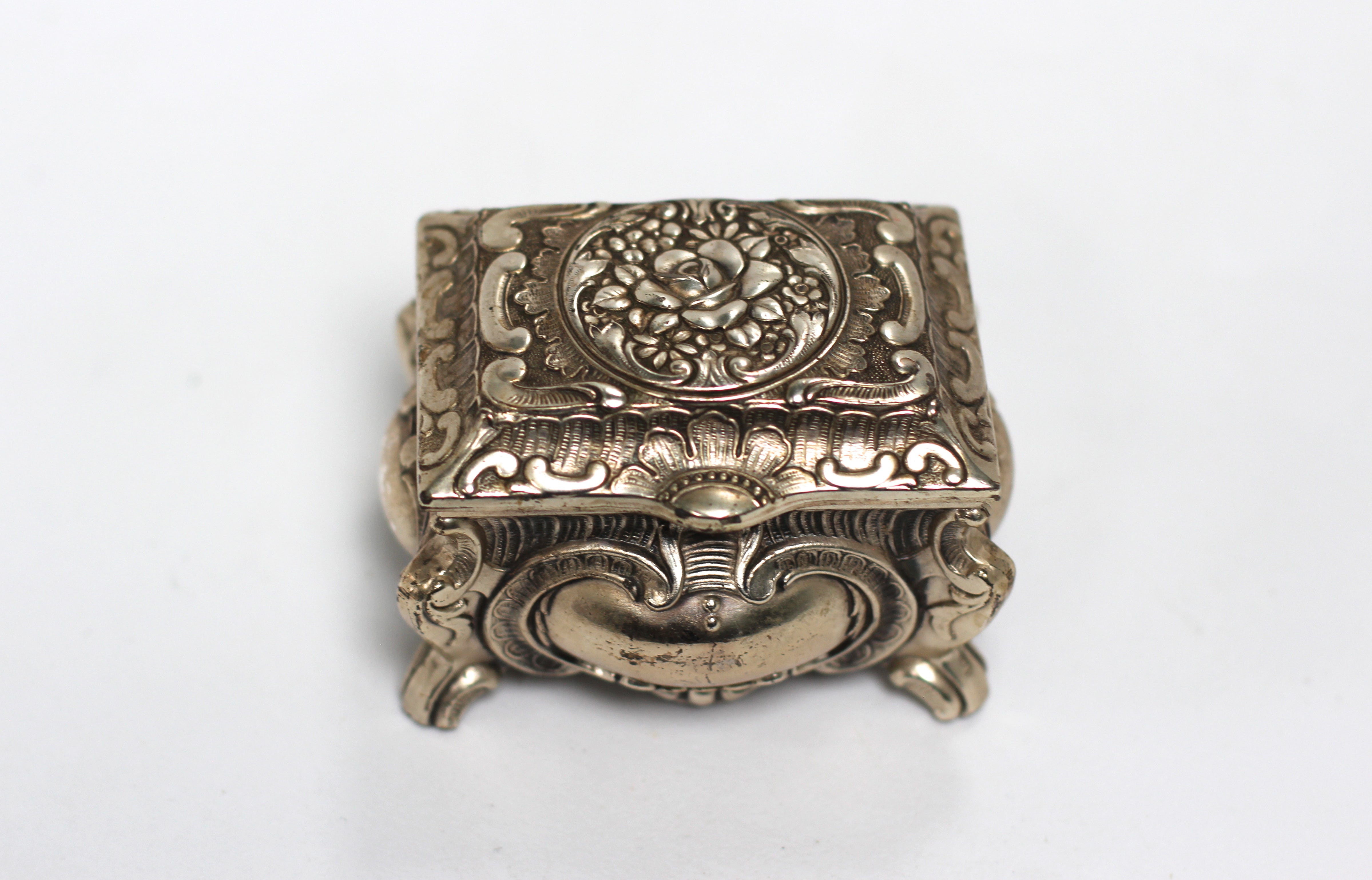 Antique Teal Velvet interior Silver Jewelry Box