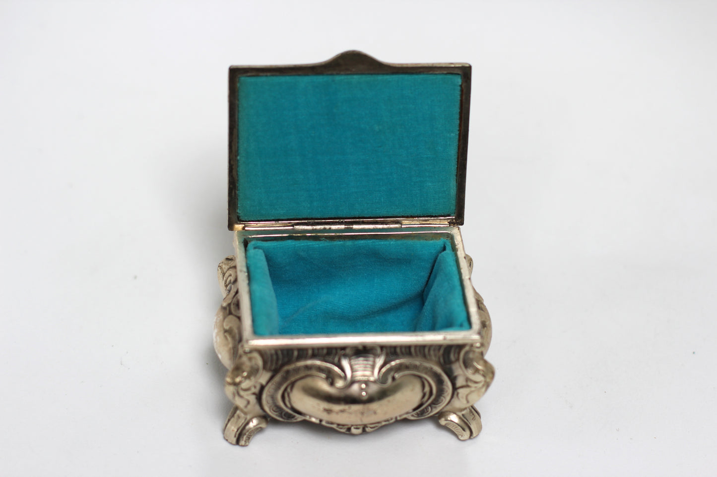 Antique Teal Velvet interior Silver Jewelry Box