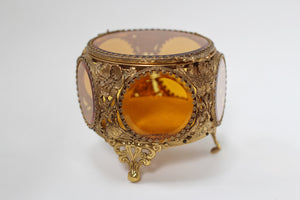 Antique Floral Filigree Amber Tinted Glass Jewelry Box