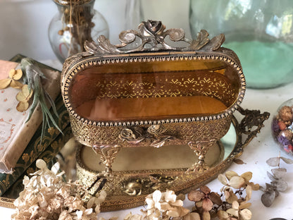 Antique Rare Amber Glass Jewelry Box