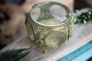 Antique Floral Rounded Glass Bronze Filigree Jewelry Box
