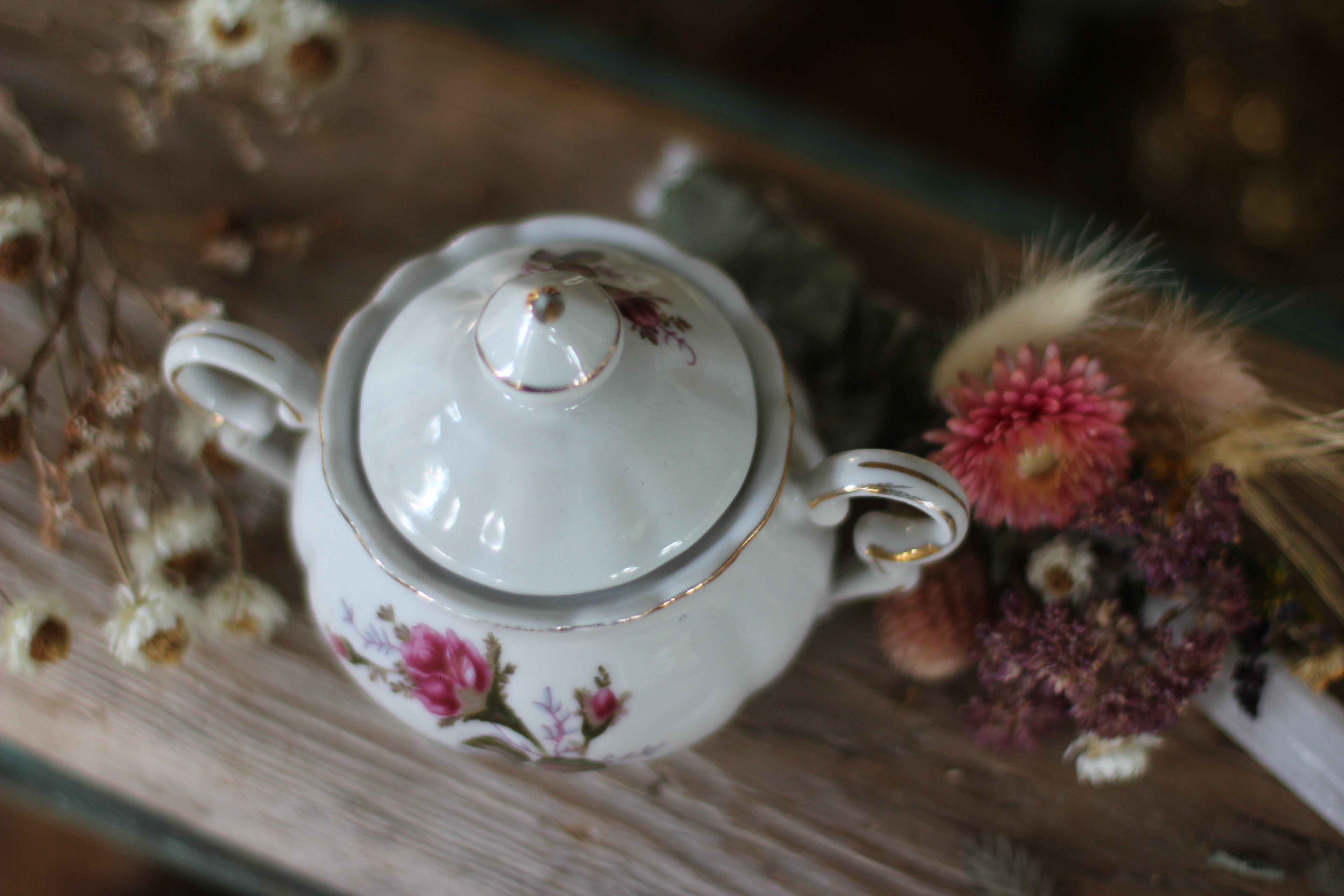 Antique Floral Rose Porcelain Sugar Bowl