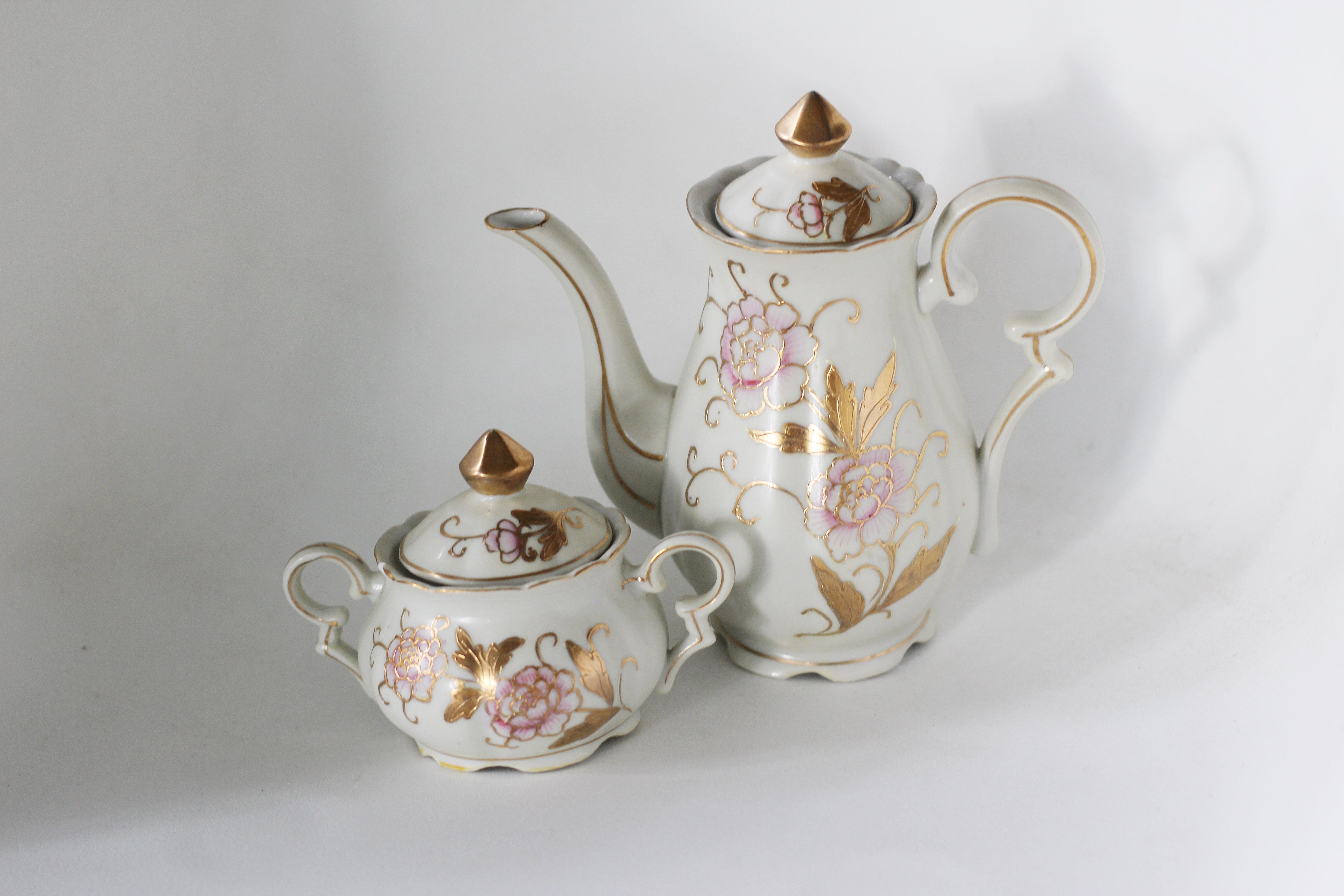 Antique Tea Pot & Sugar Bowl Pink Gold Flowers Tea Cup