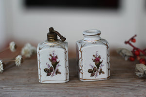 Antique Hand Painted Floral Roses Bottle Set