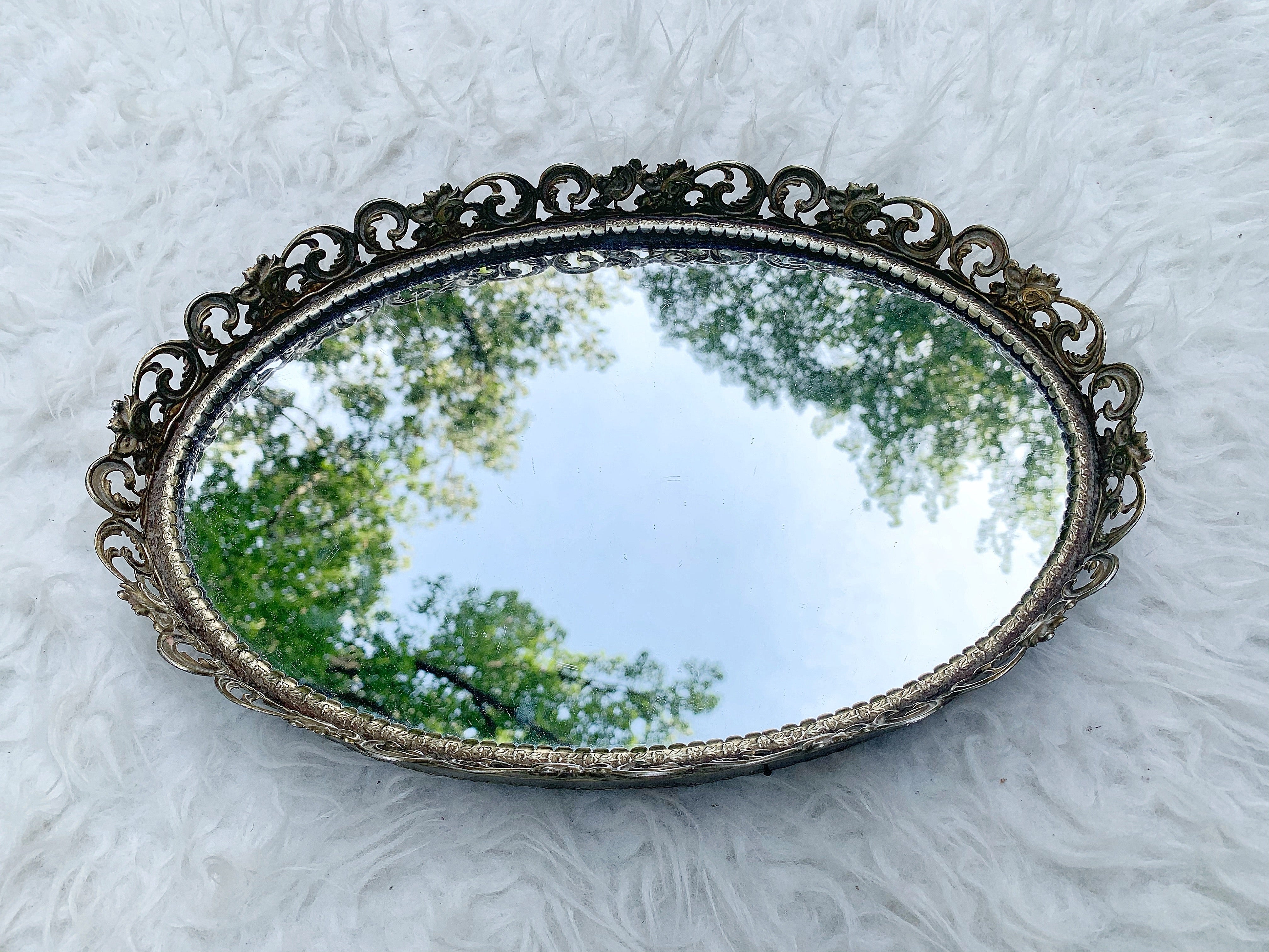 Antique Oval Filigree Lace Mirror Tray