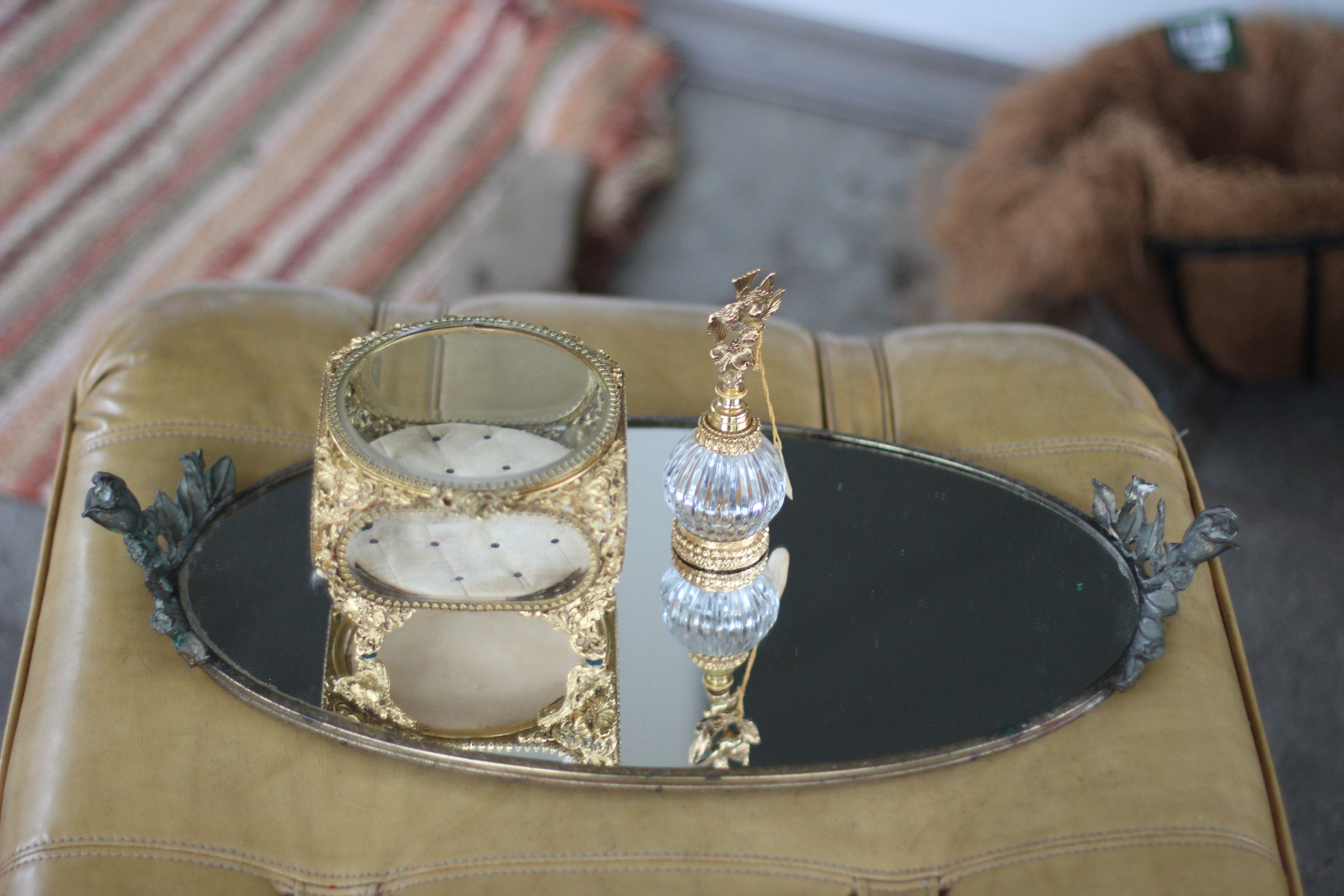 Antique Floral Silver Tone Mirror Tray
