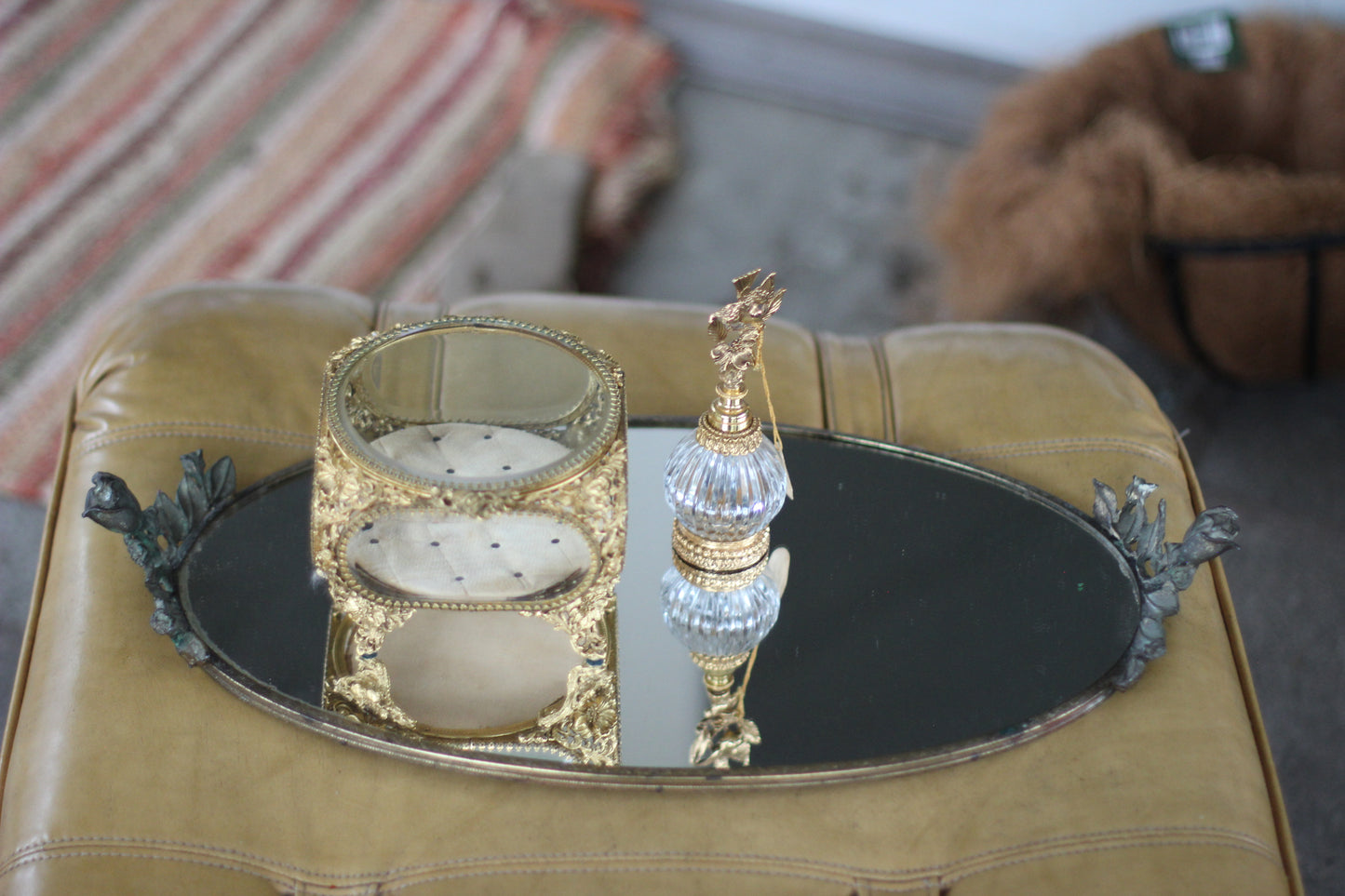 Antique Floral Silver Tone Mirror Tray