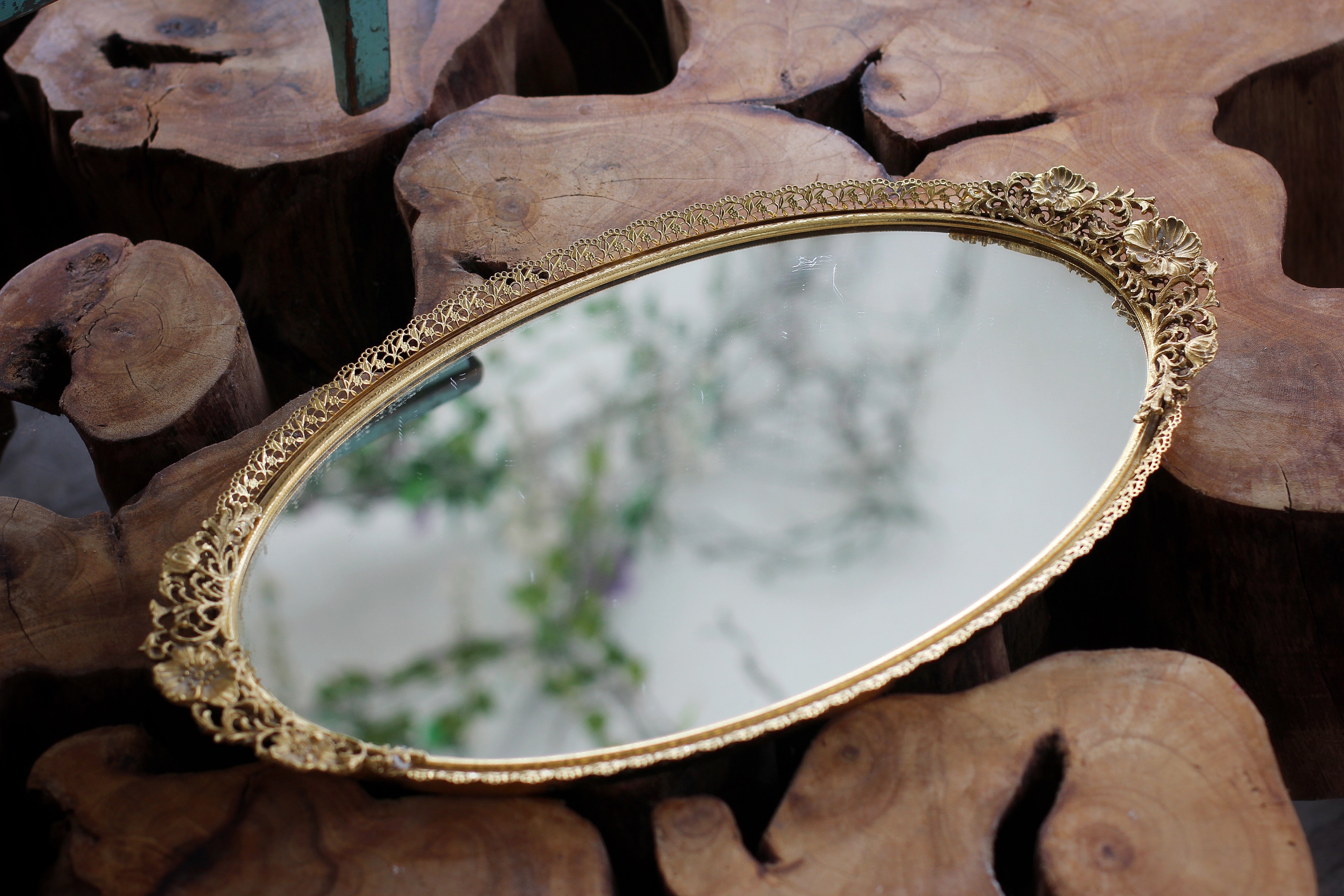 Antique Floral Dogwood Mirror Tray