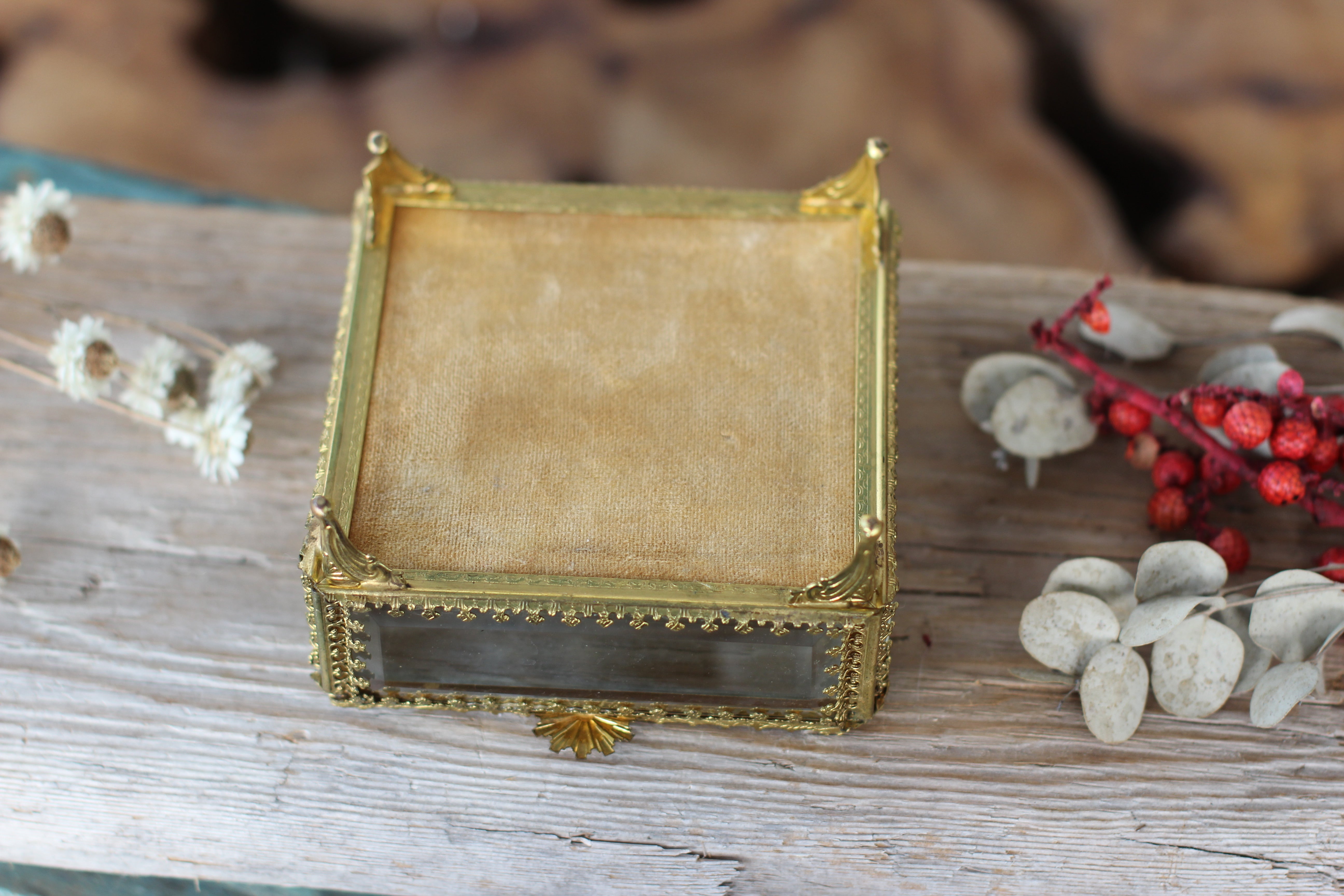 Vintage Ormolu Square Glass Jewelry Box
