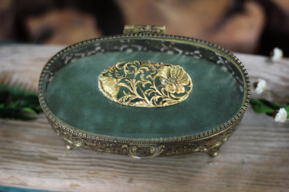 Antique Turquoise Oval Floral Dogwood Jewelry Box