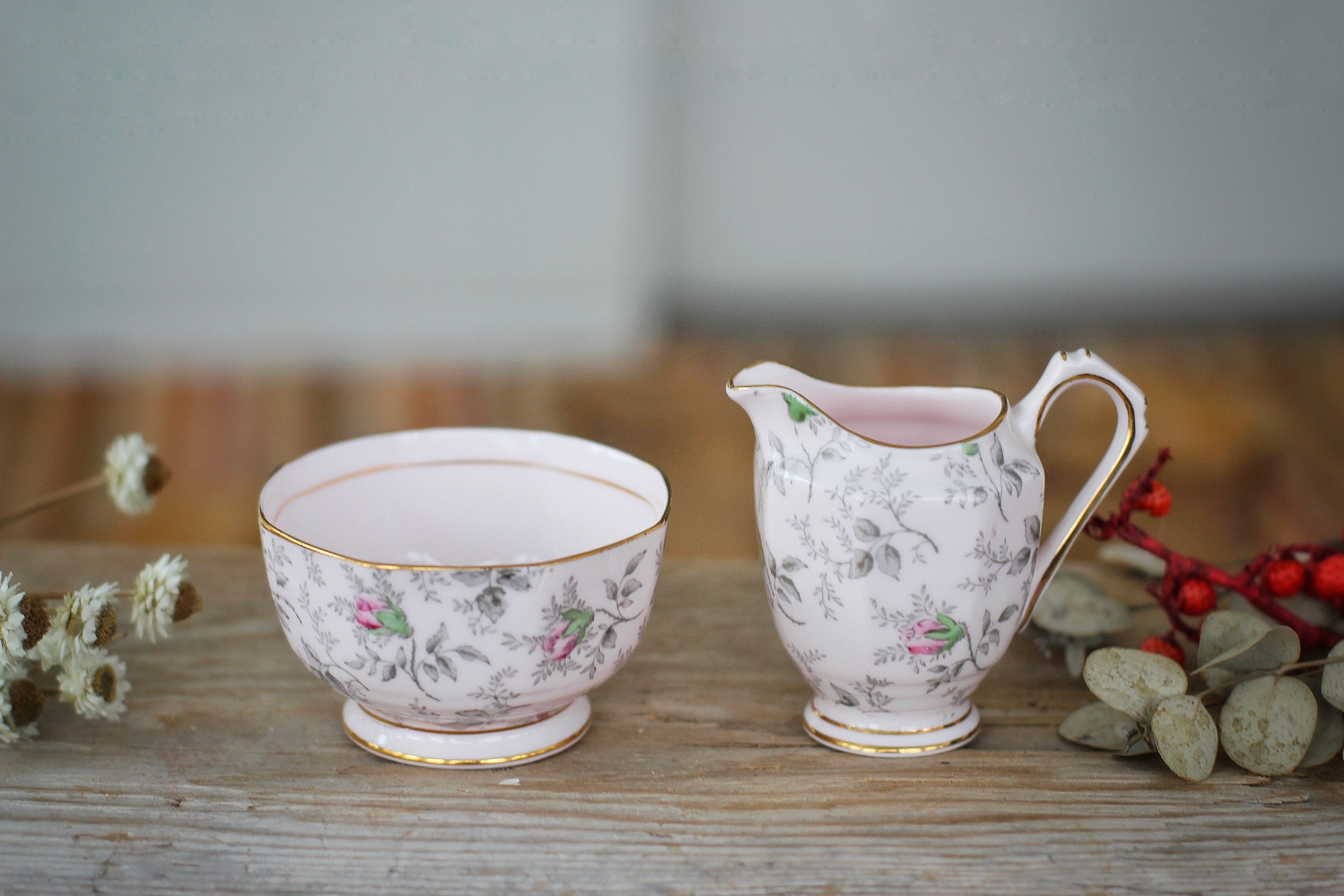 Vintage Pink Floral Tuscan Creamer & Sugar Bowl