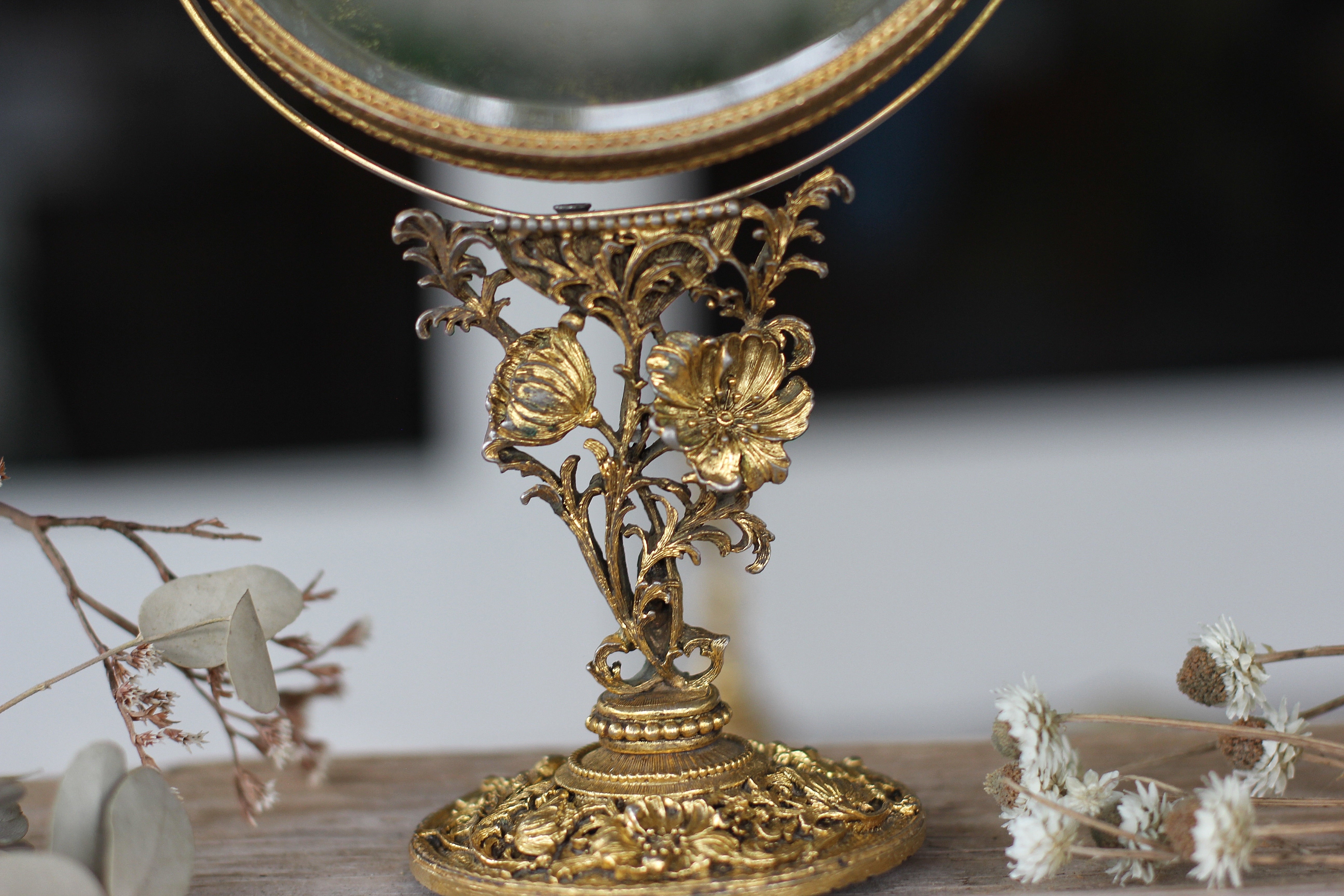 Vintage Matson Floral Vanity Pedestal Mirror Double Sided Magnifier