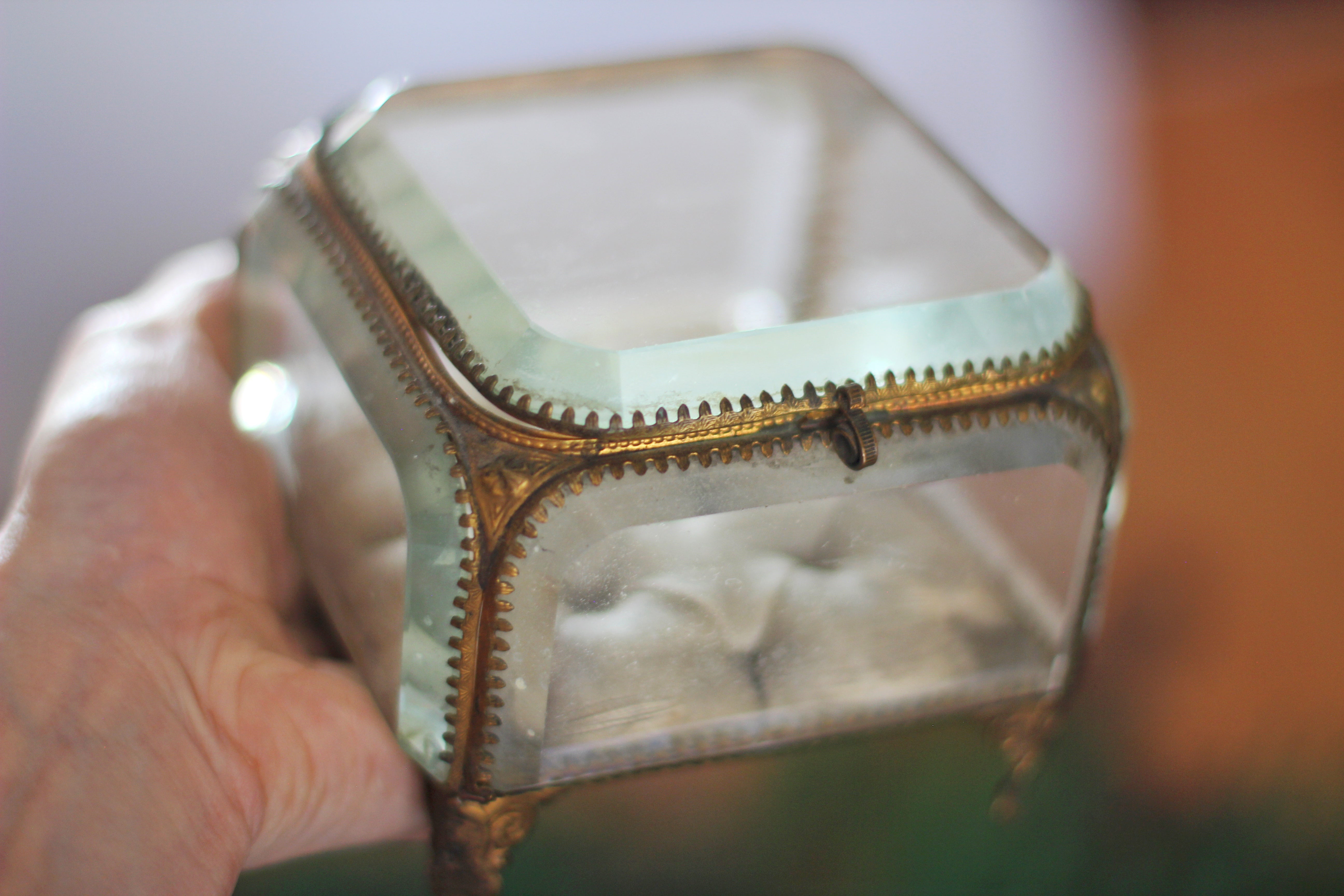 Antique French Victorian Tufted Square Glass Jewelry Box Ormolu