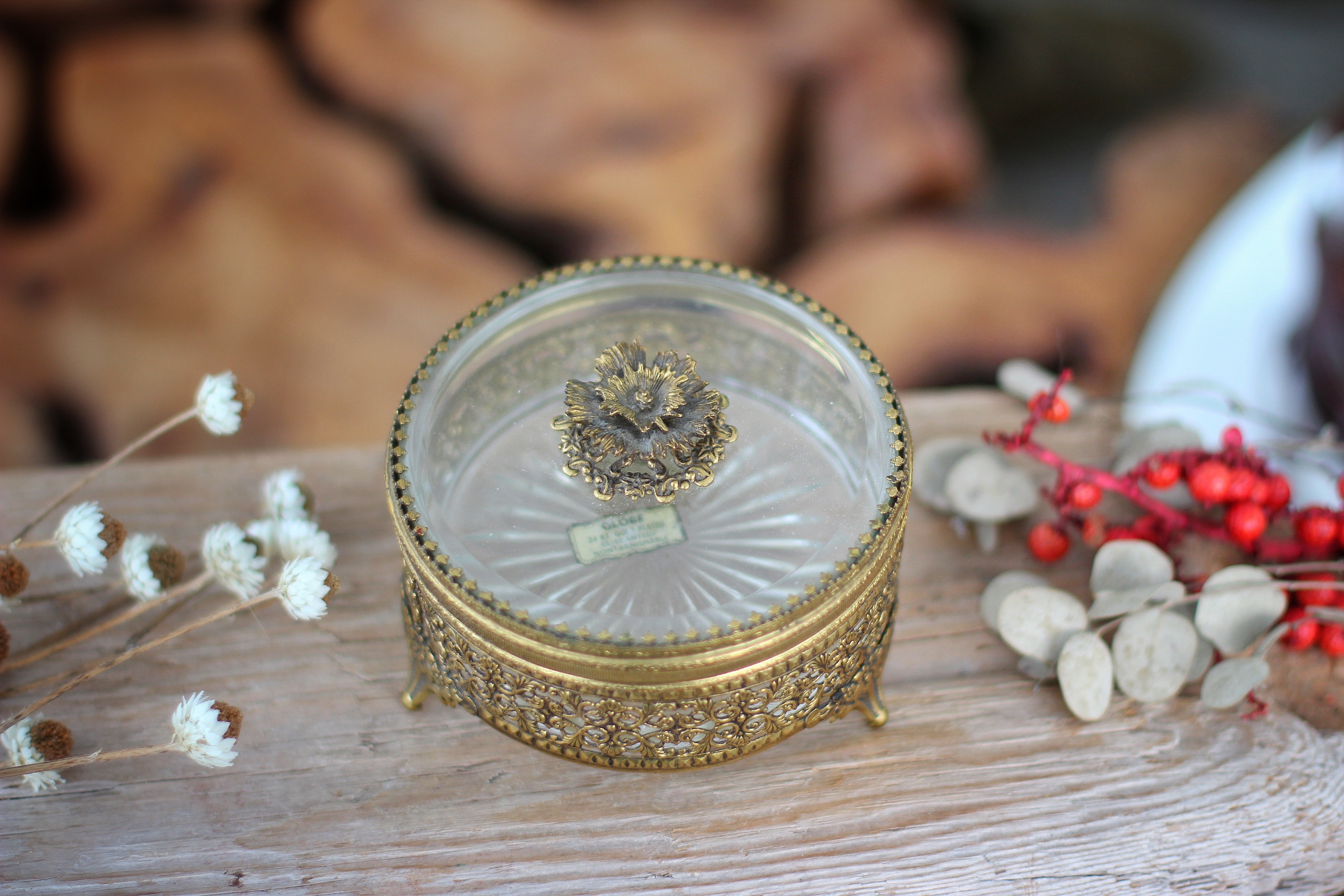 Antique Floral Top Filigree Gold Glass Jar