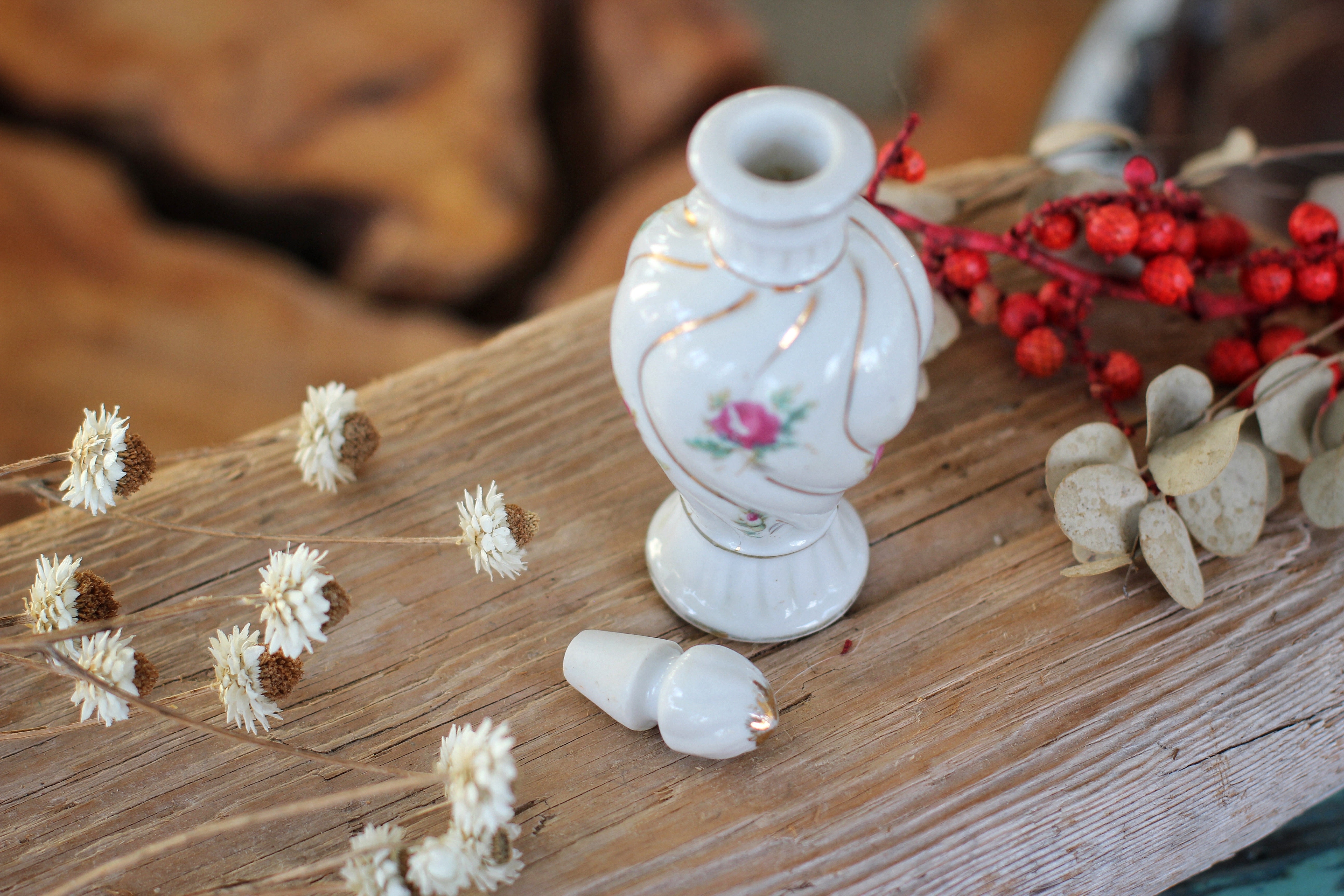 Antique Floral Roses Porcelain Perfume Bottle