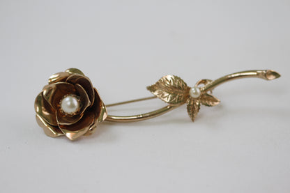 Large Rose with Stems and Pearl Brooch