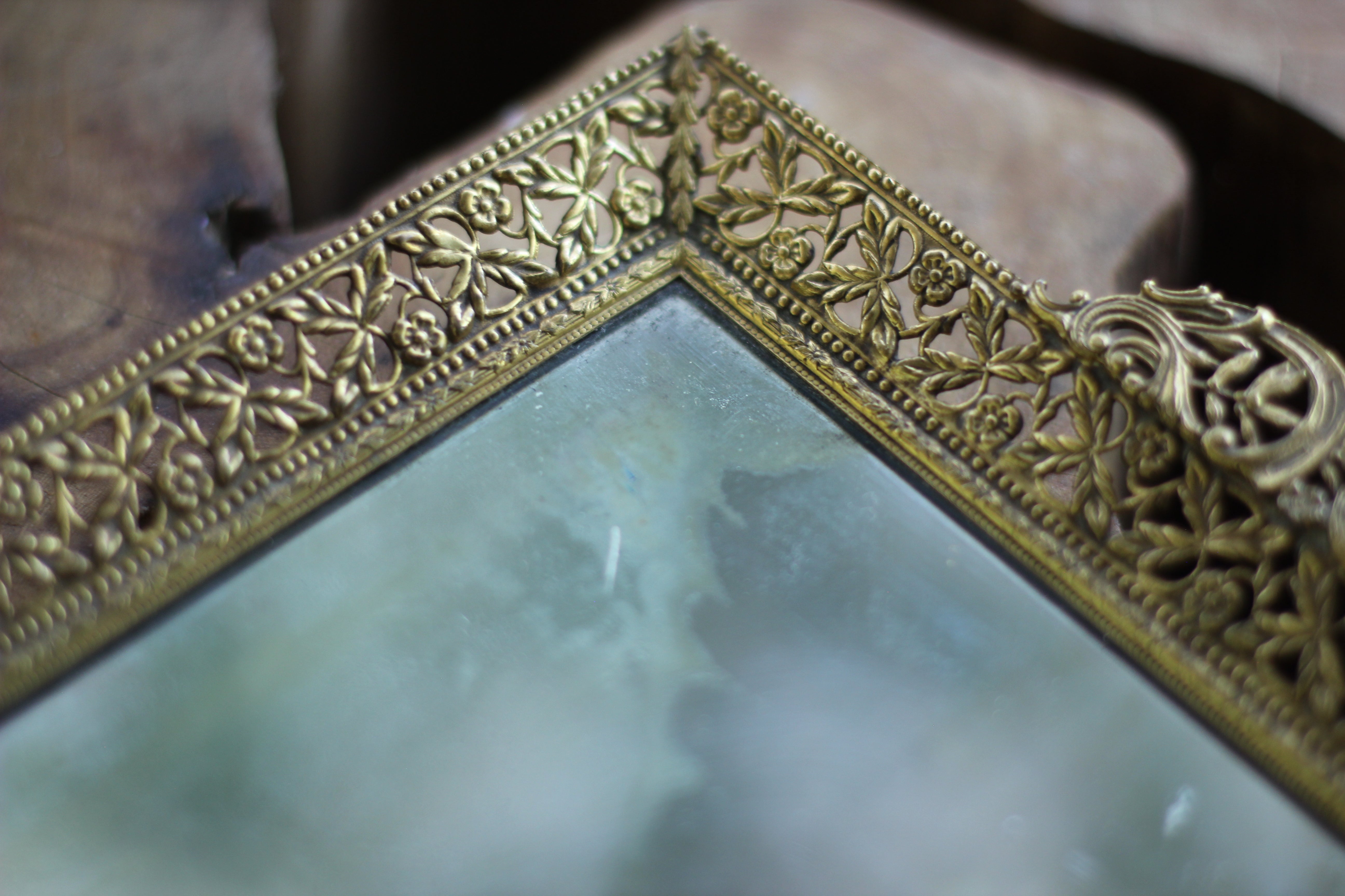 Antique Floral Roses Guiloche Mirror Tray