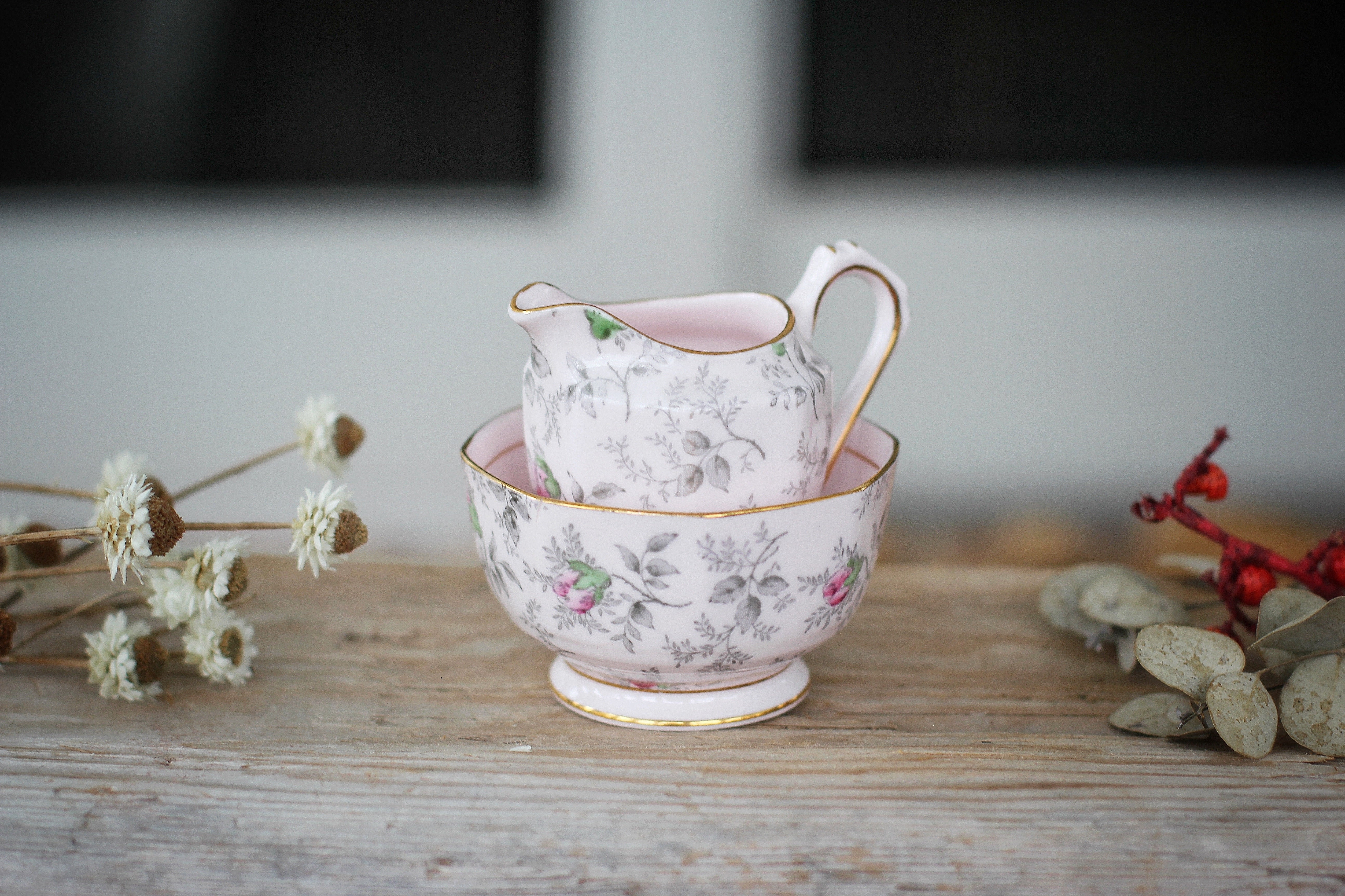 Vintage Pink Floral Tuscan Creamer & Sugar Bowl