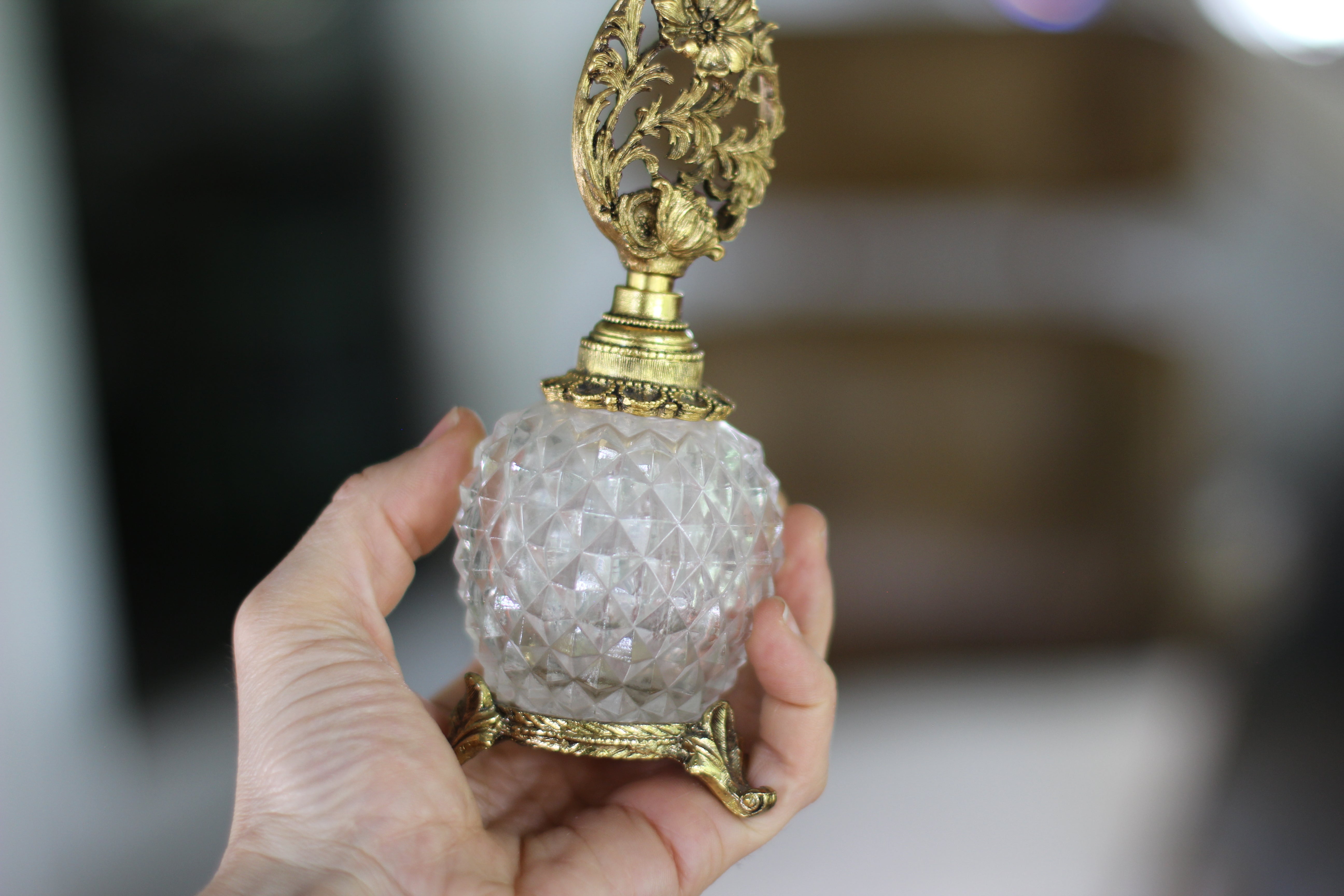 Antique Floral Dogwood Pedestal Crystal Perfume Bottle