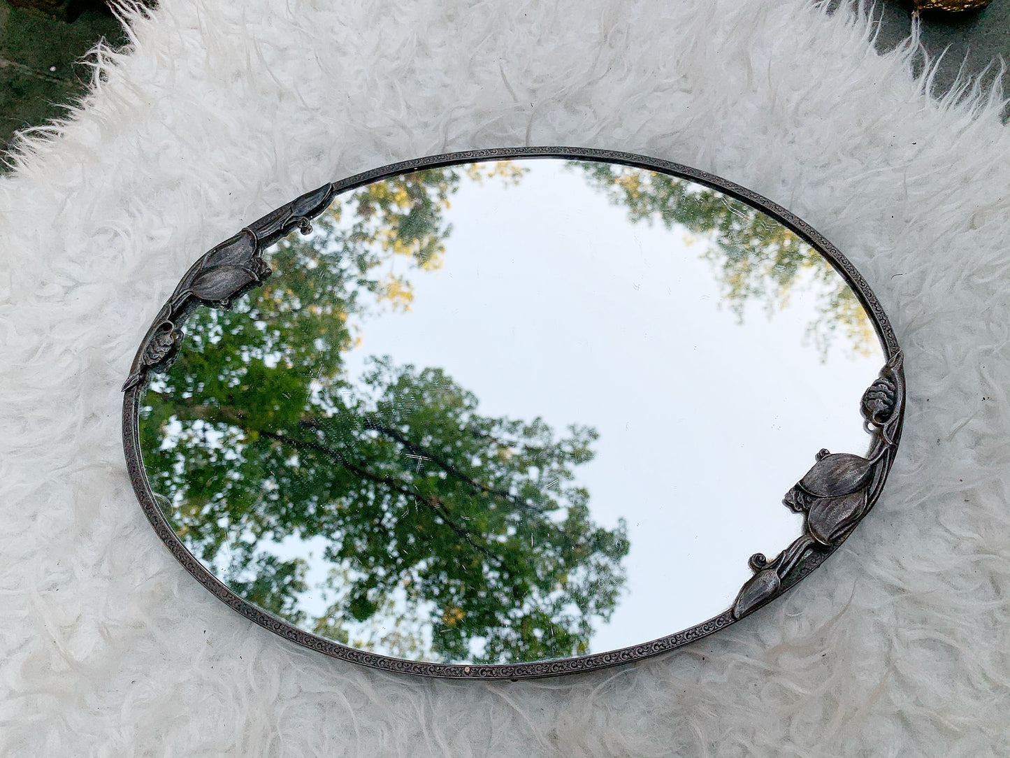 Antique Floral Silver Mirror Tray