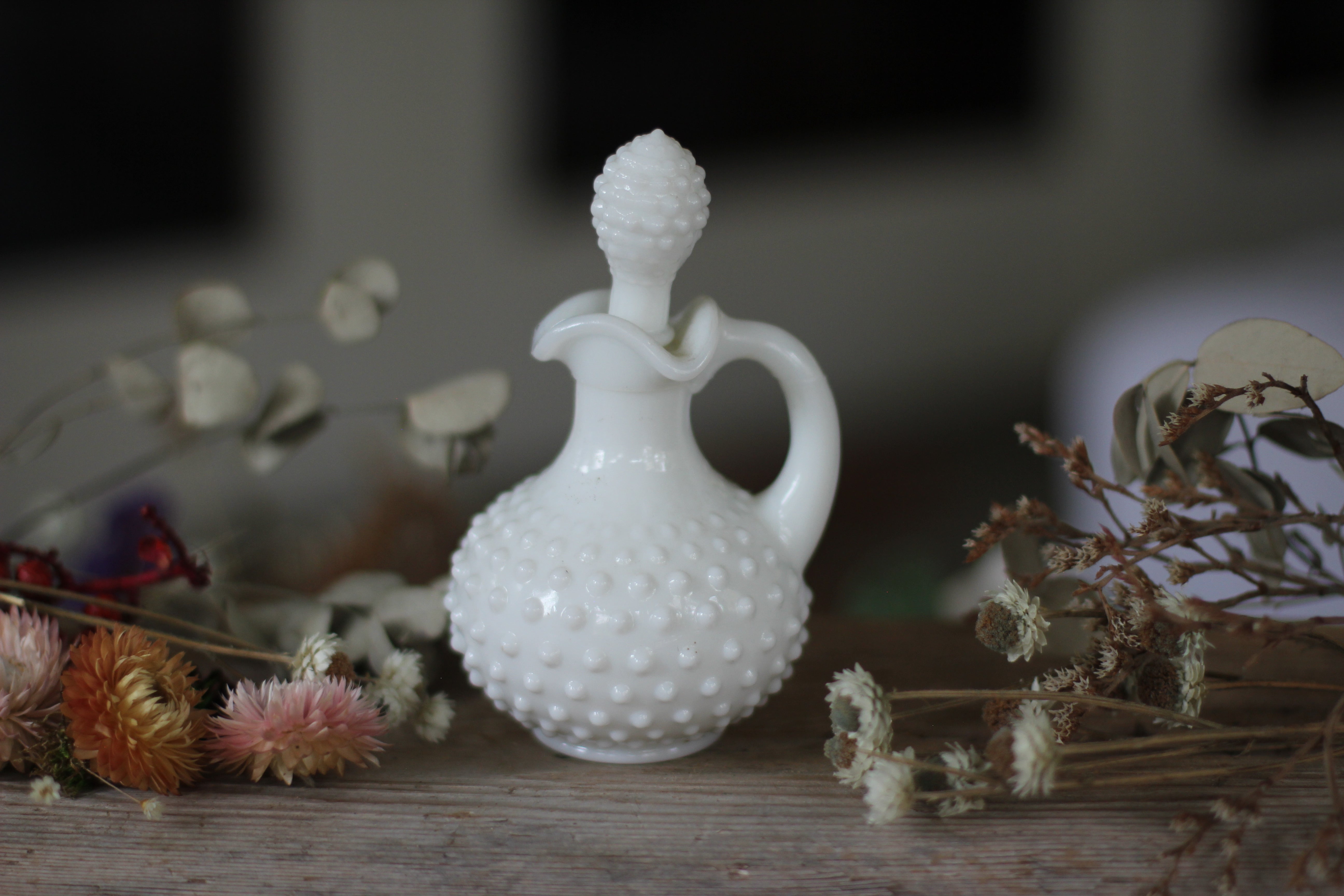 Antique White Glass Hobnail Decanter