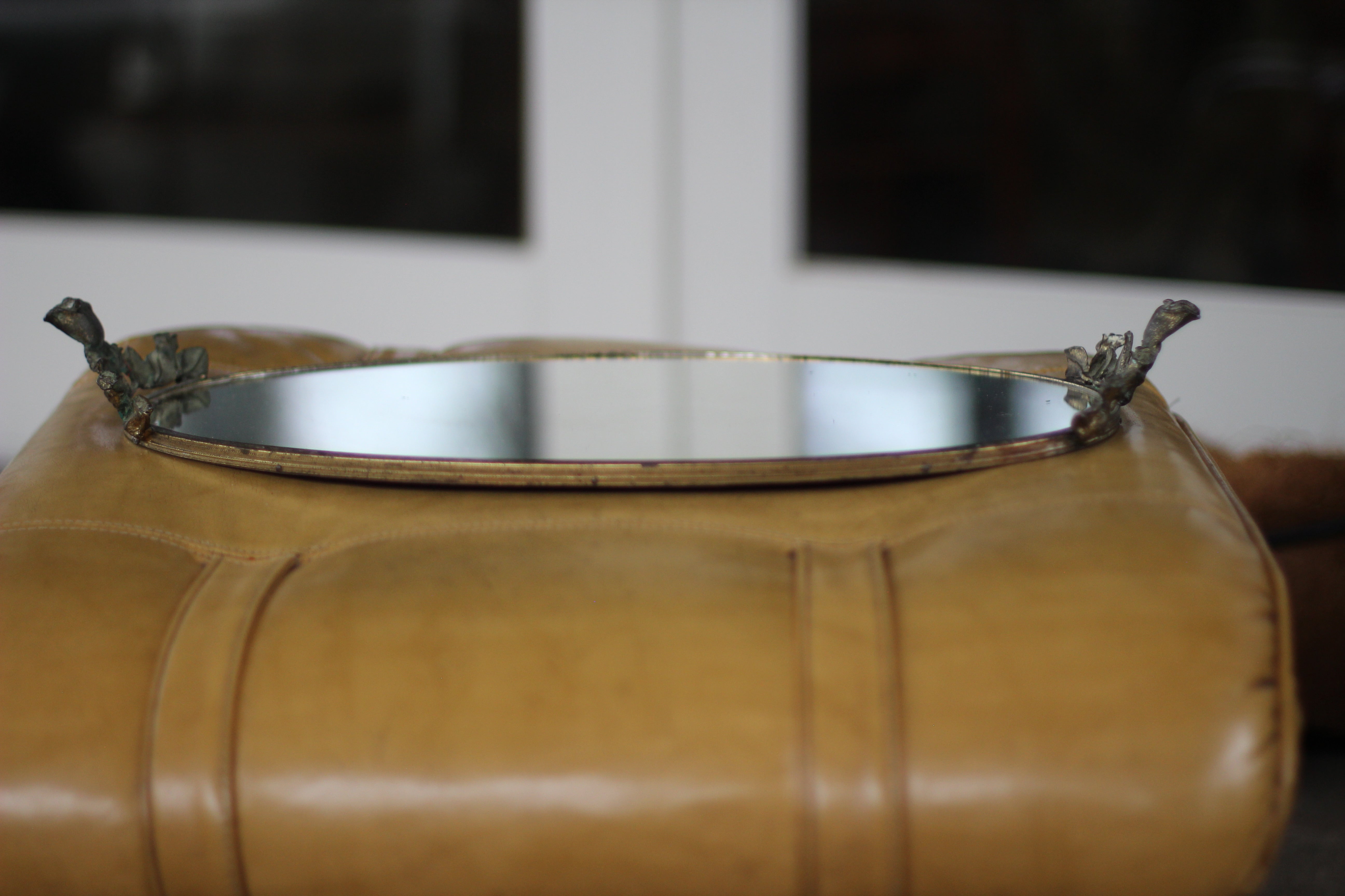 Antique Floral Silver Tone Mirror Tray