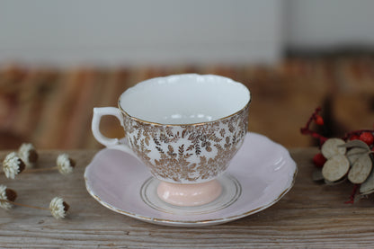 Vintage Royal Vale Pink Gold Leaves Tea Cup Set
