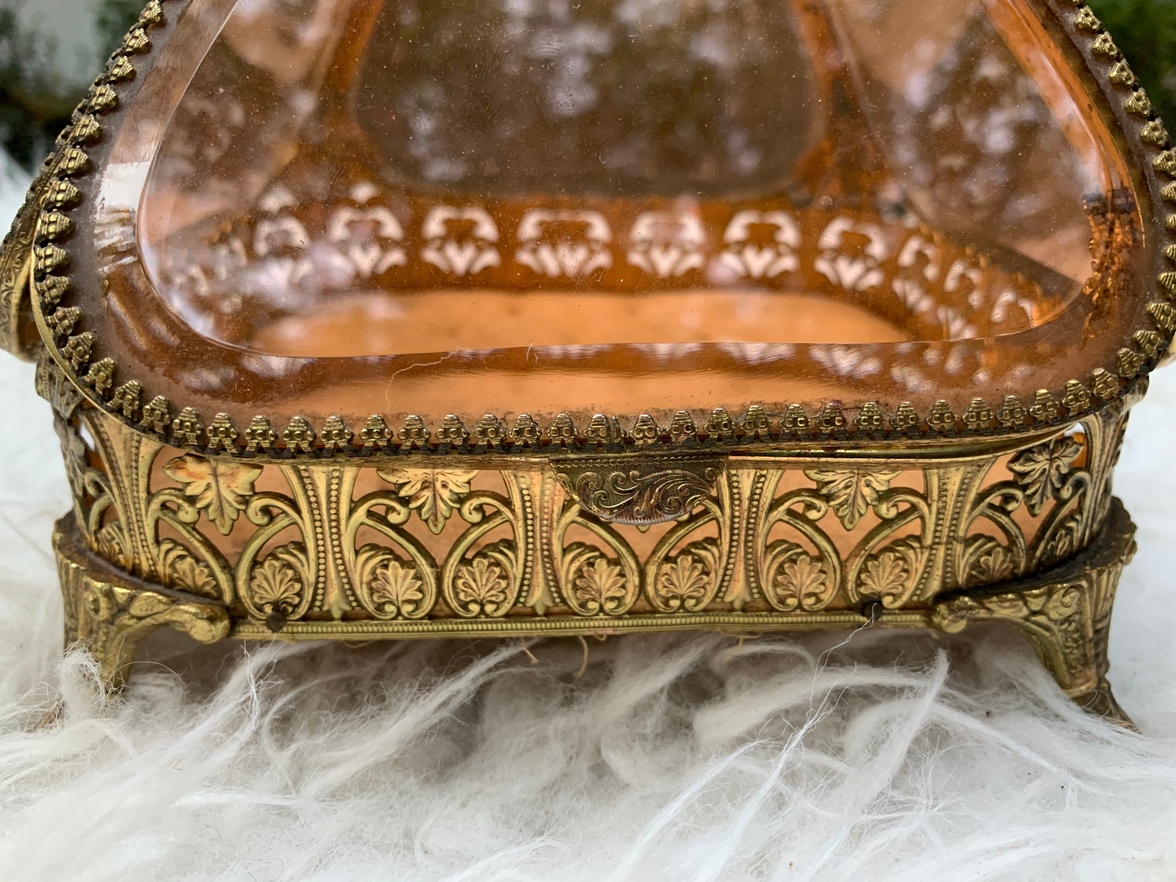 Antique Rare Floral French Victorian Amber Glass Jewelry Box