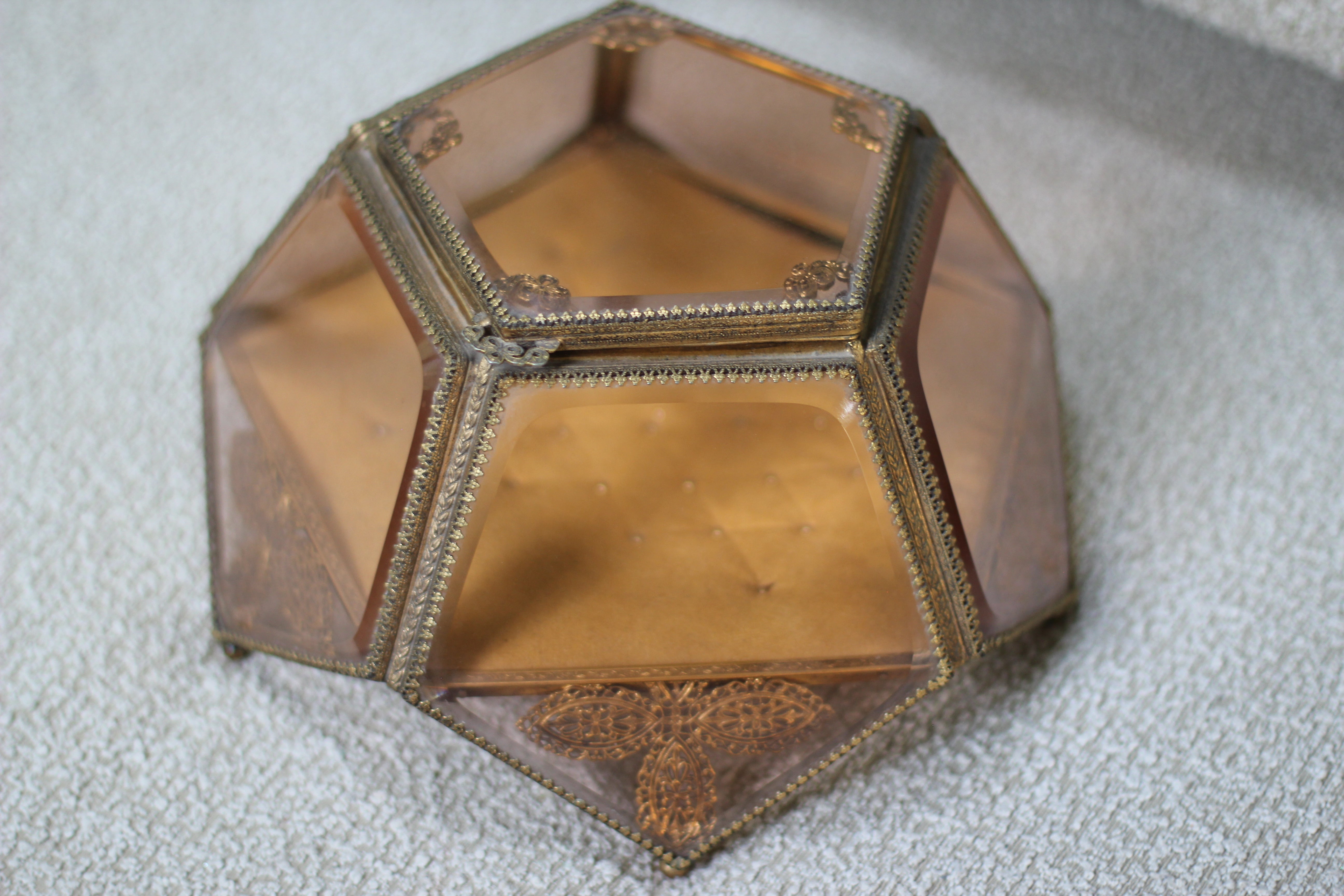 Antique Amber Tinted French Victorian Rare Jewelry Box