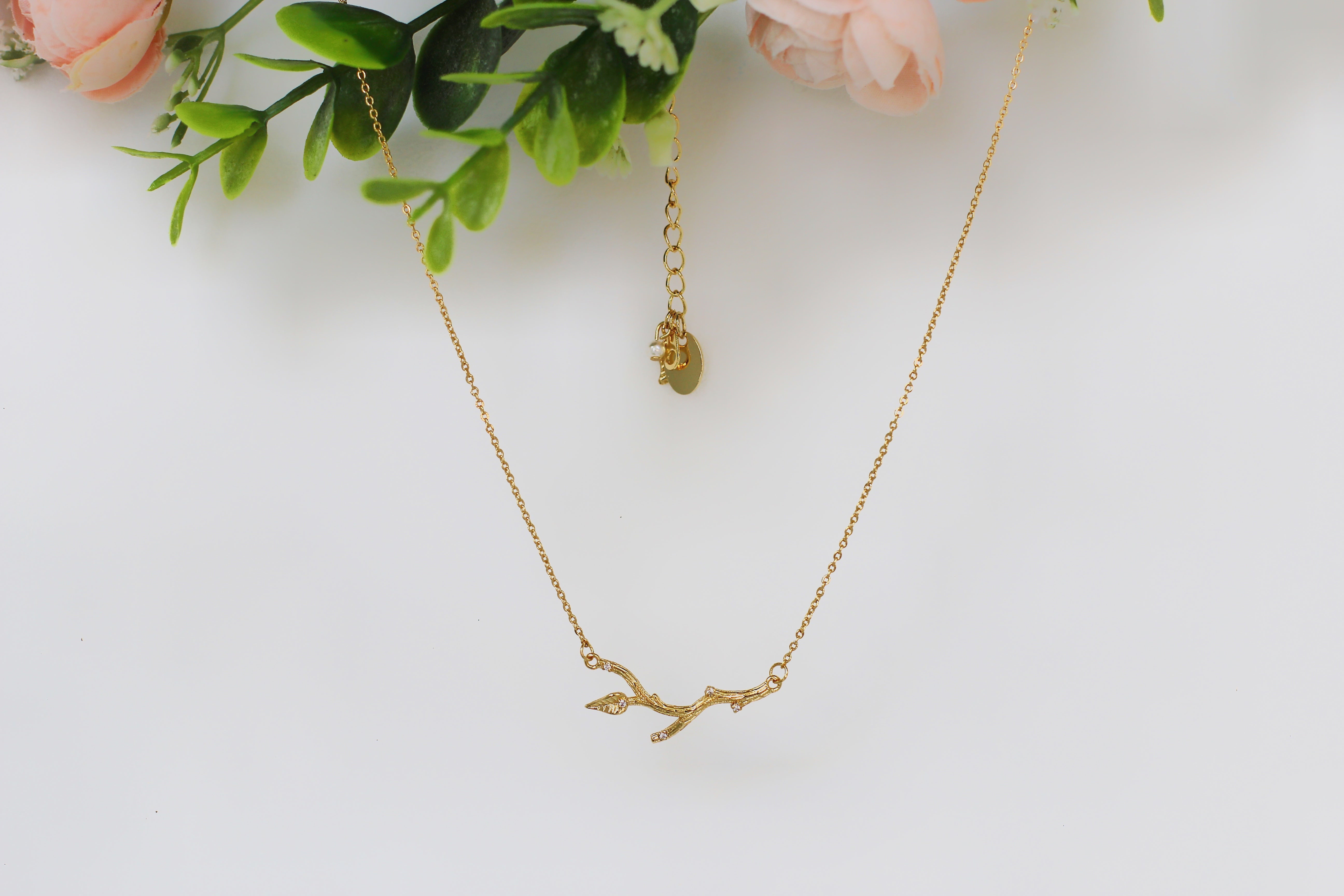 Crystals Branch with Leaf Necklace