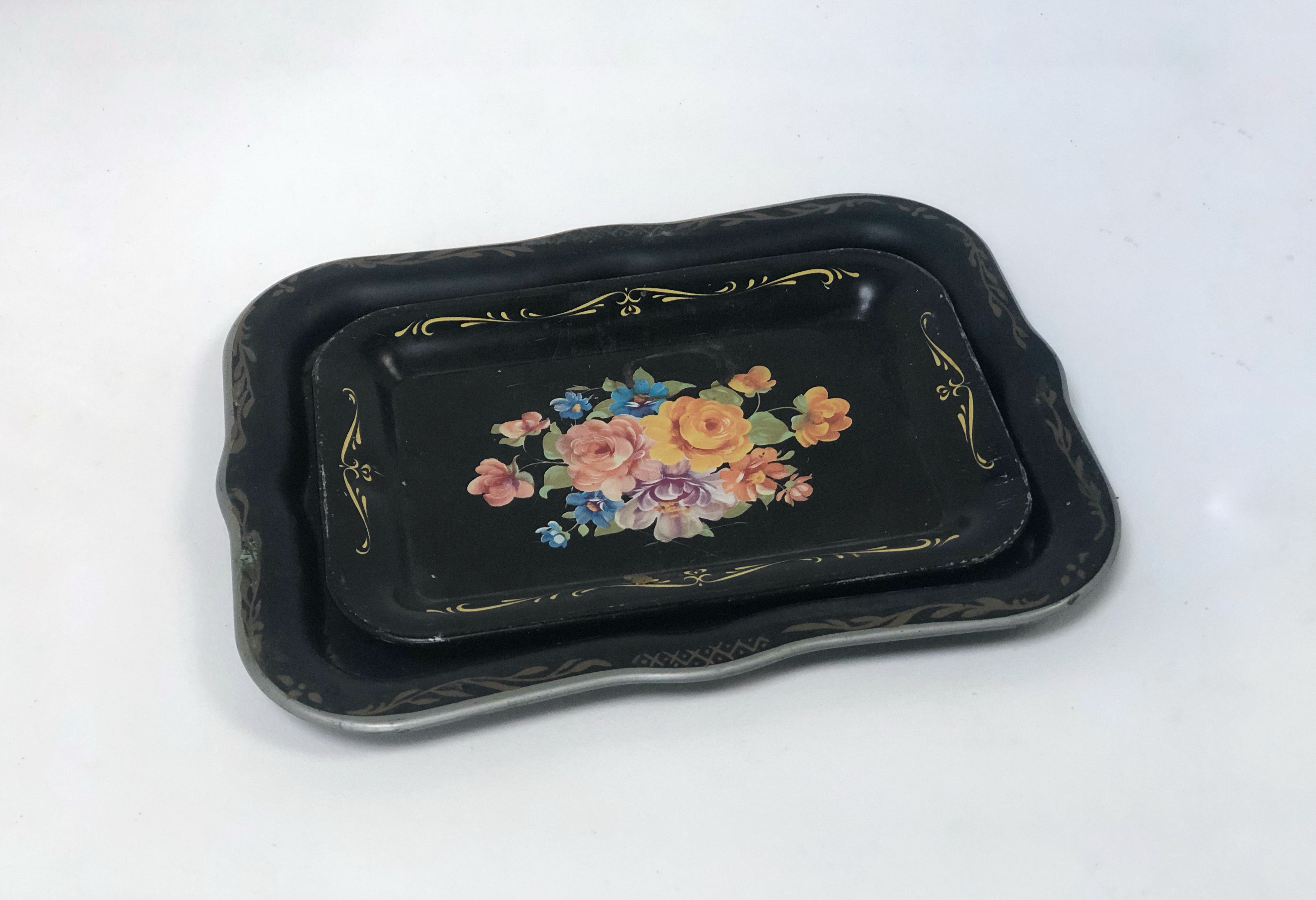 Antique Black Floral Tray Set