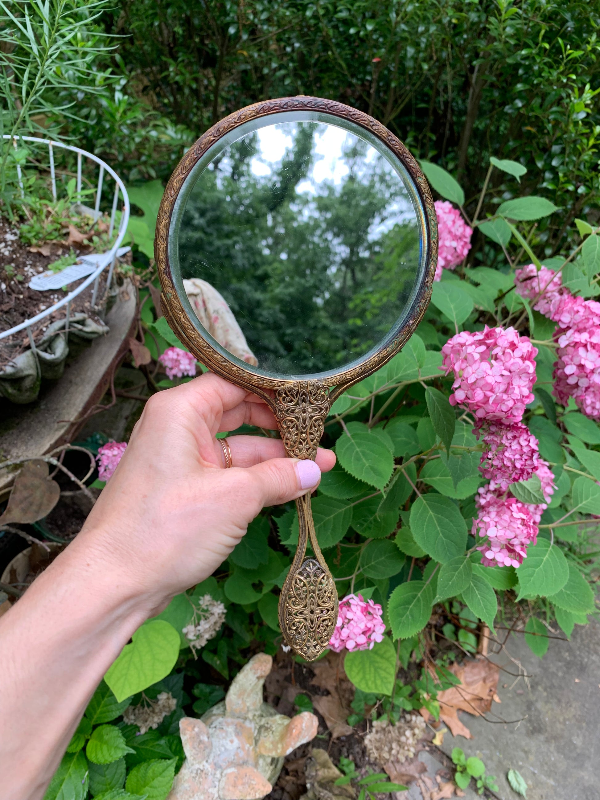 Antique Bronze Filigree 2 Sided Magnifying Hand Mirror – Avigail Adam Antique Bronze Filigree 2 Sided Magnifying Hand Mirror – Avigail Adam