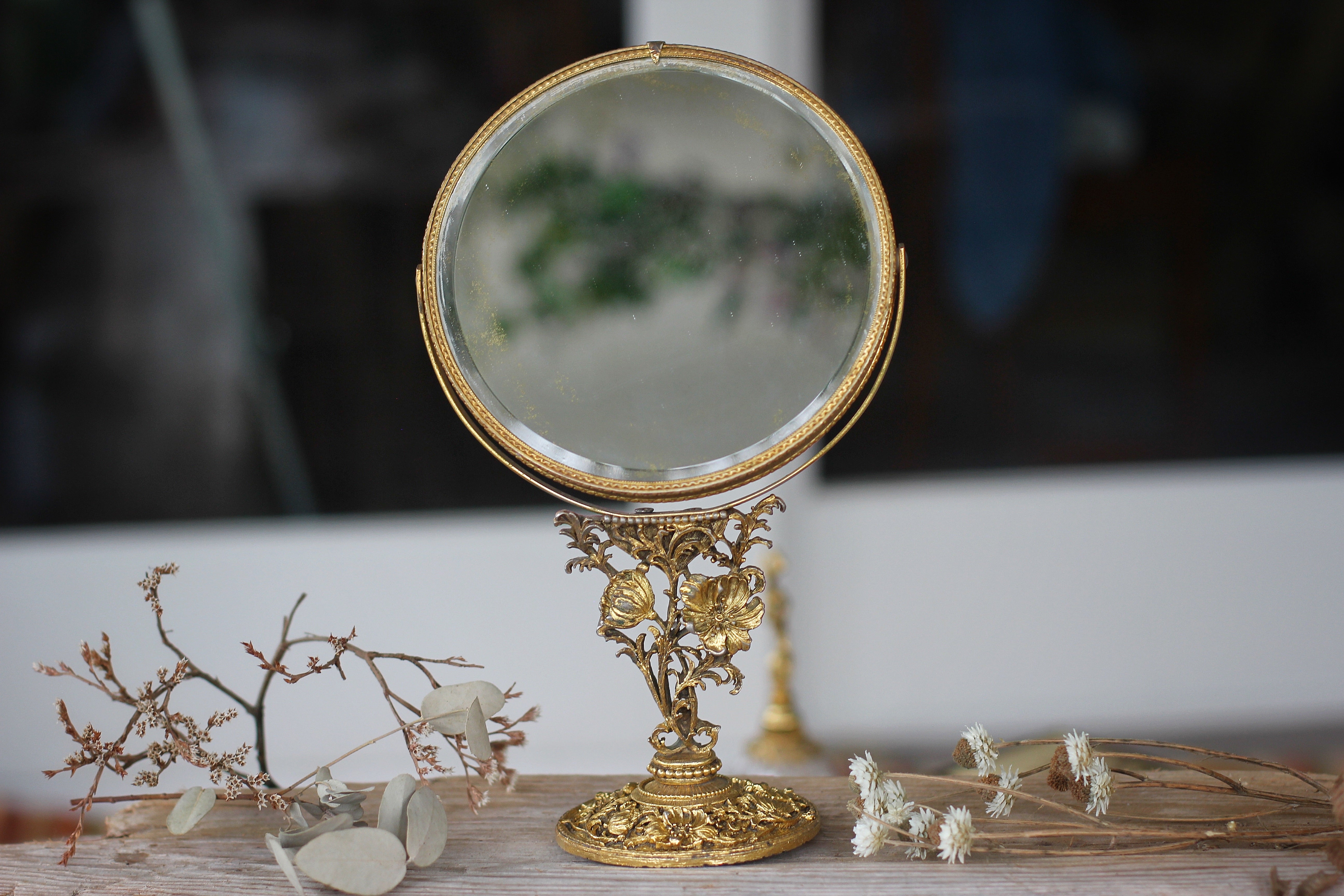 Vintage Matson Floral Vanity Pedestal Mirror Double Sided Magnifier