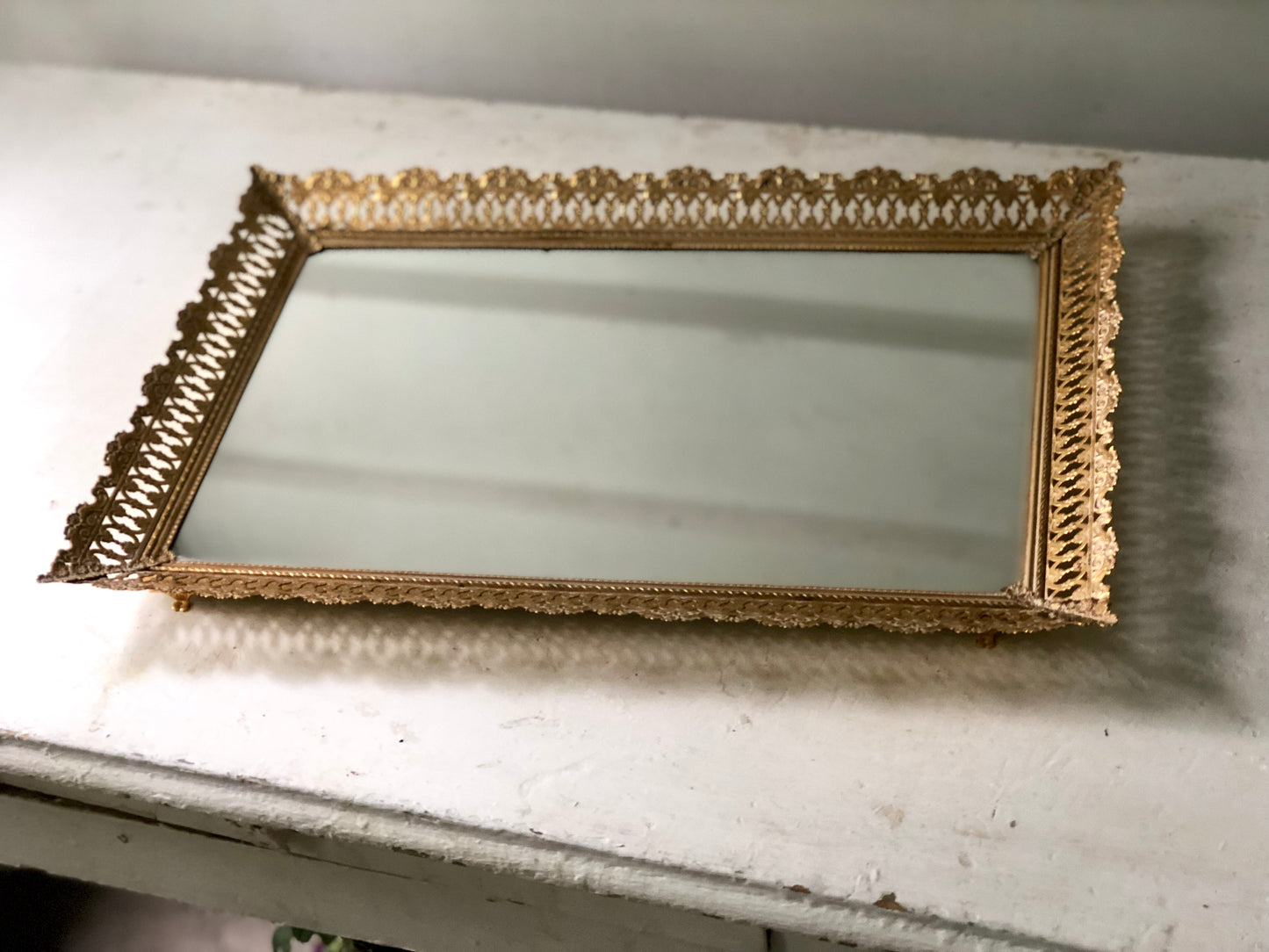 Antique Rectangle Lace Mirror Tray