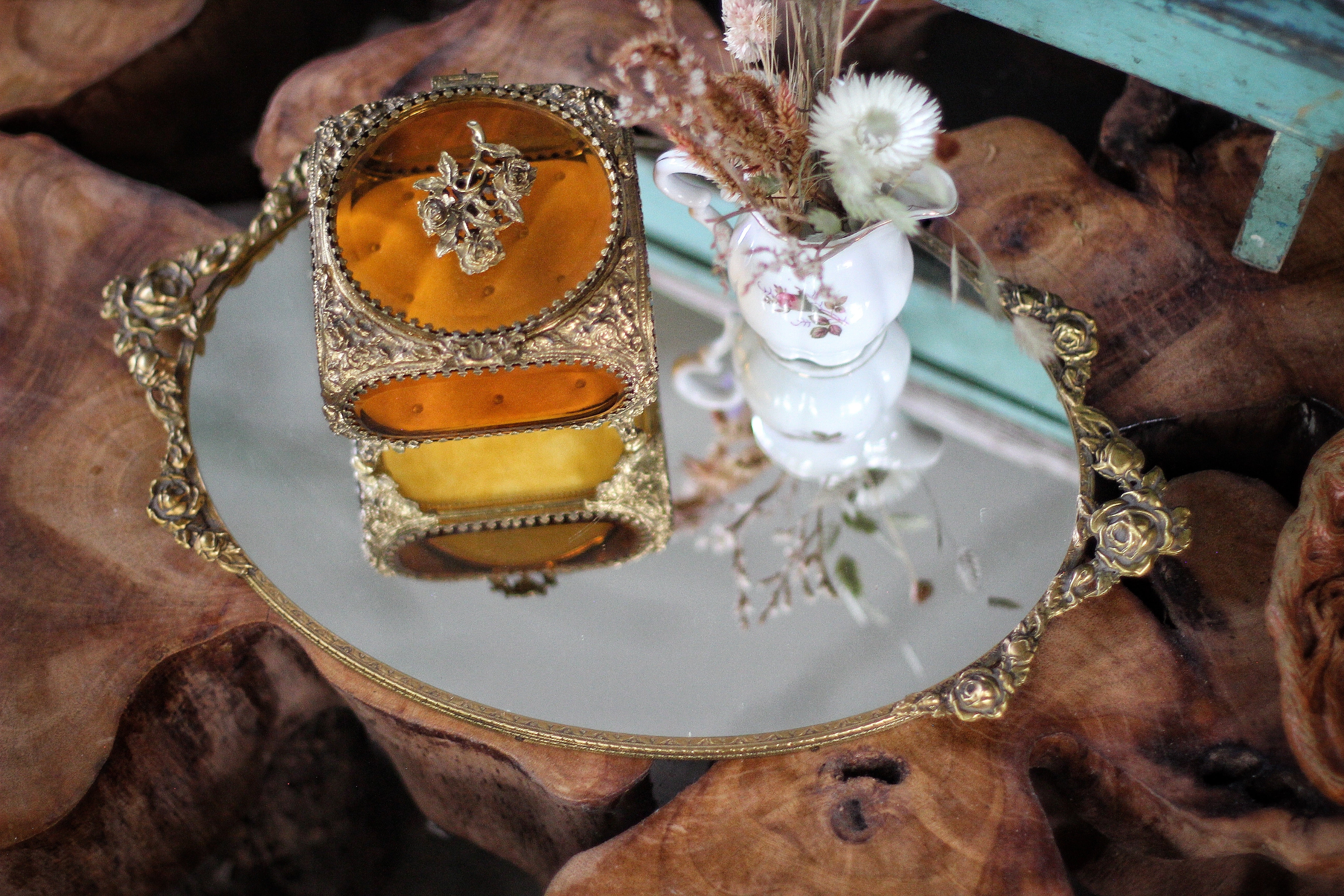 Antique French Victorian Amber Glass Jewelry Box