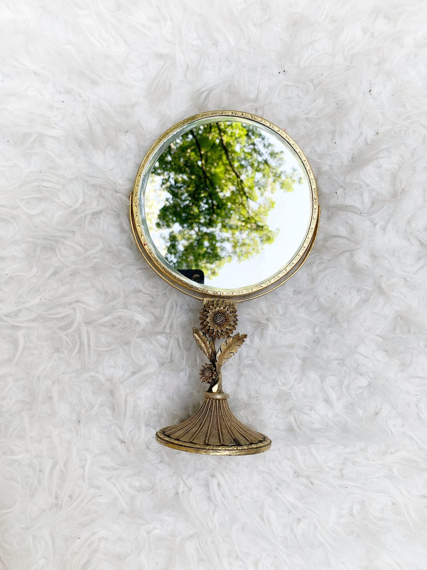 Vintage Matson Vanity Pedestal Mirror Gold Gilt Sunflower on Base 2 Sided Magnifier