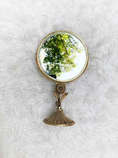 Vintage Matson Vanity Pedestal Mirror Gold Gilt Sunflower on Base 2 Sided Magnifier