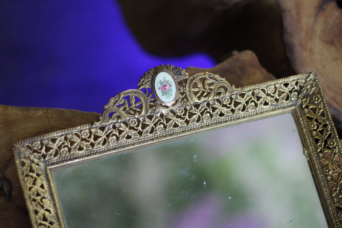 Antique Floral Roses Guiloche Mirror Tray