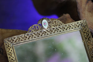 Antique Floral Roses Guiloche Mirror Tray