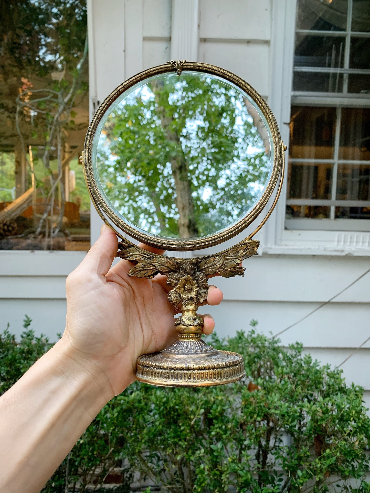 Vintage Floral Standing Vanity Mirror 2 Sided Magnifier