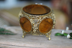 Antique Floral Filigree Roses Amber Tinted Glass Jewelry Box