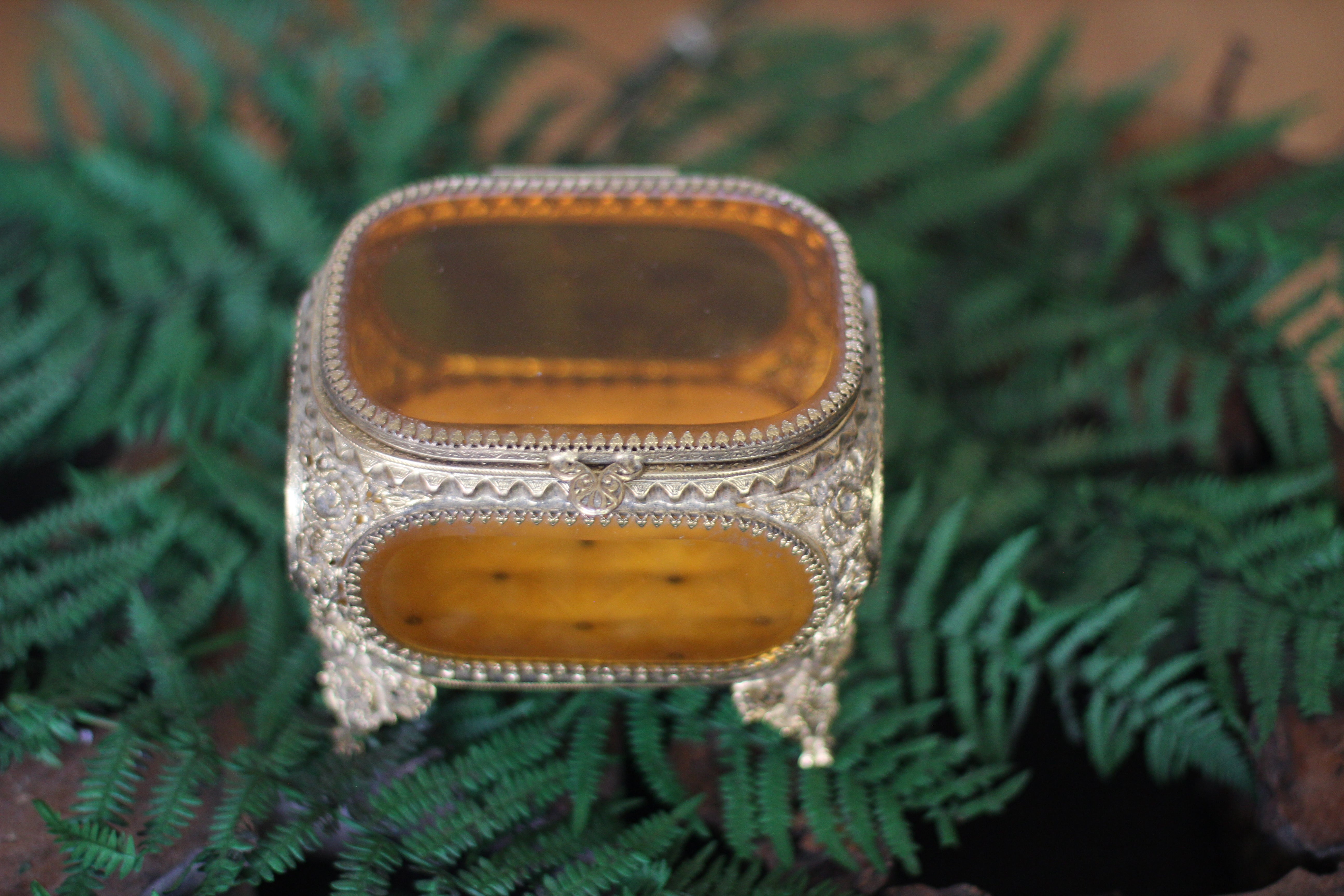Antique Floral Amber Tinted Glass Jewelry Box