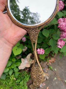 Antique Bronze Filigree 2 Sided Magnifying Hand Mirror